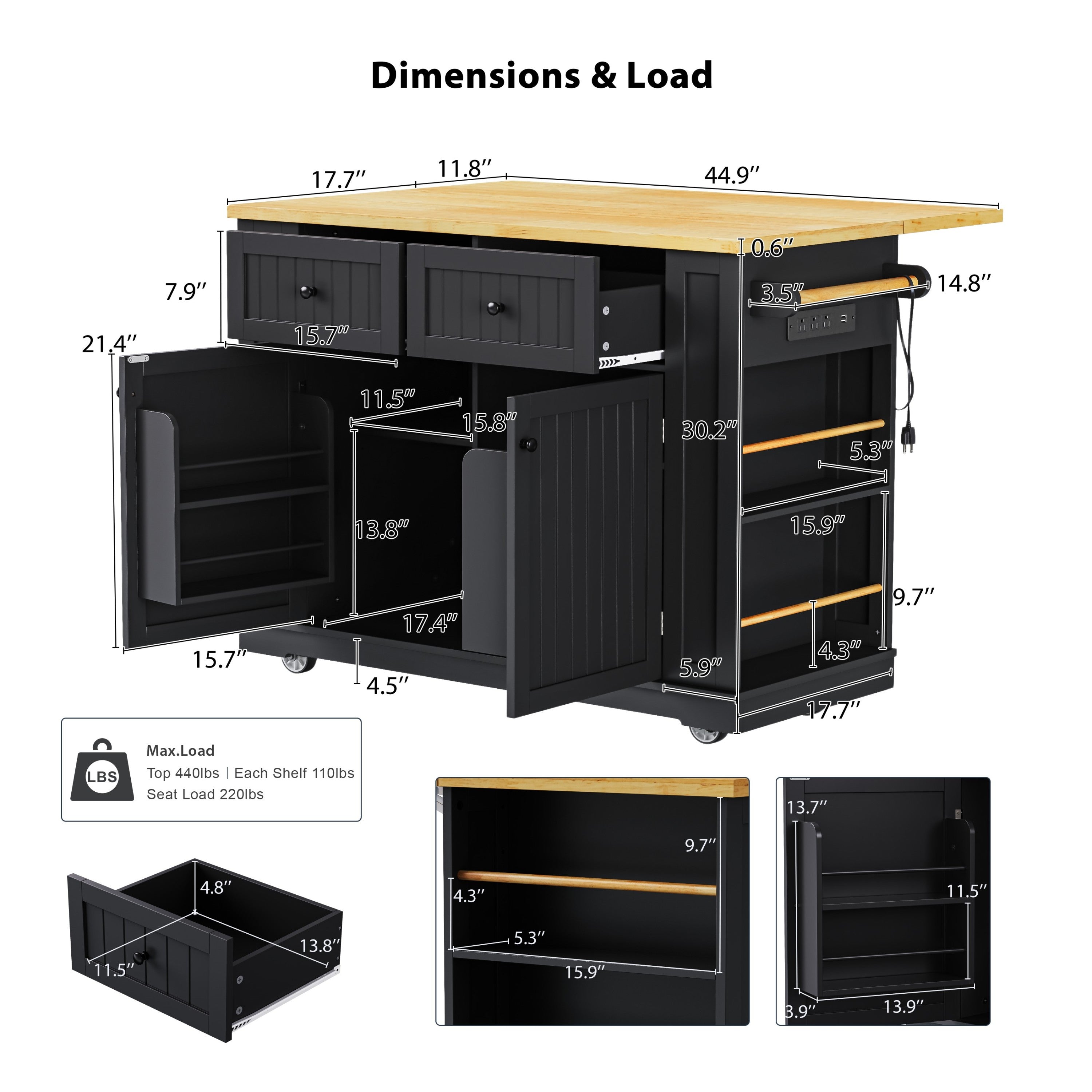 48 inch Kitchen Island with Drop Leaf,Power Outlet,Internal Storage Rack,Rolling Kitchen Storage Cart on 5 Wheels with 5 Open Side Racks,for Kitchen,Black (Old SKU N707P257057B)(Not Include Stools) - Grand Goldman Shop