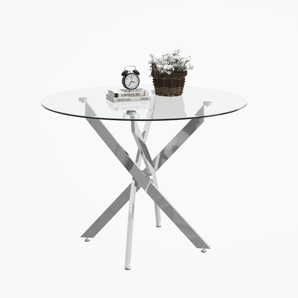 Round Dining Table, 35.5' Glass Dining Table with Silver Legs, Modern Kitchen Table for Home Kitchen, Dining Room - Grand Goldman Shop