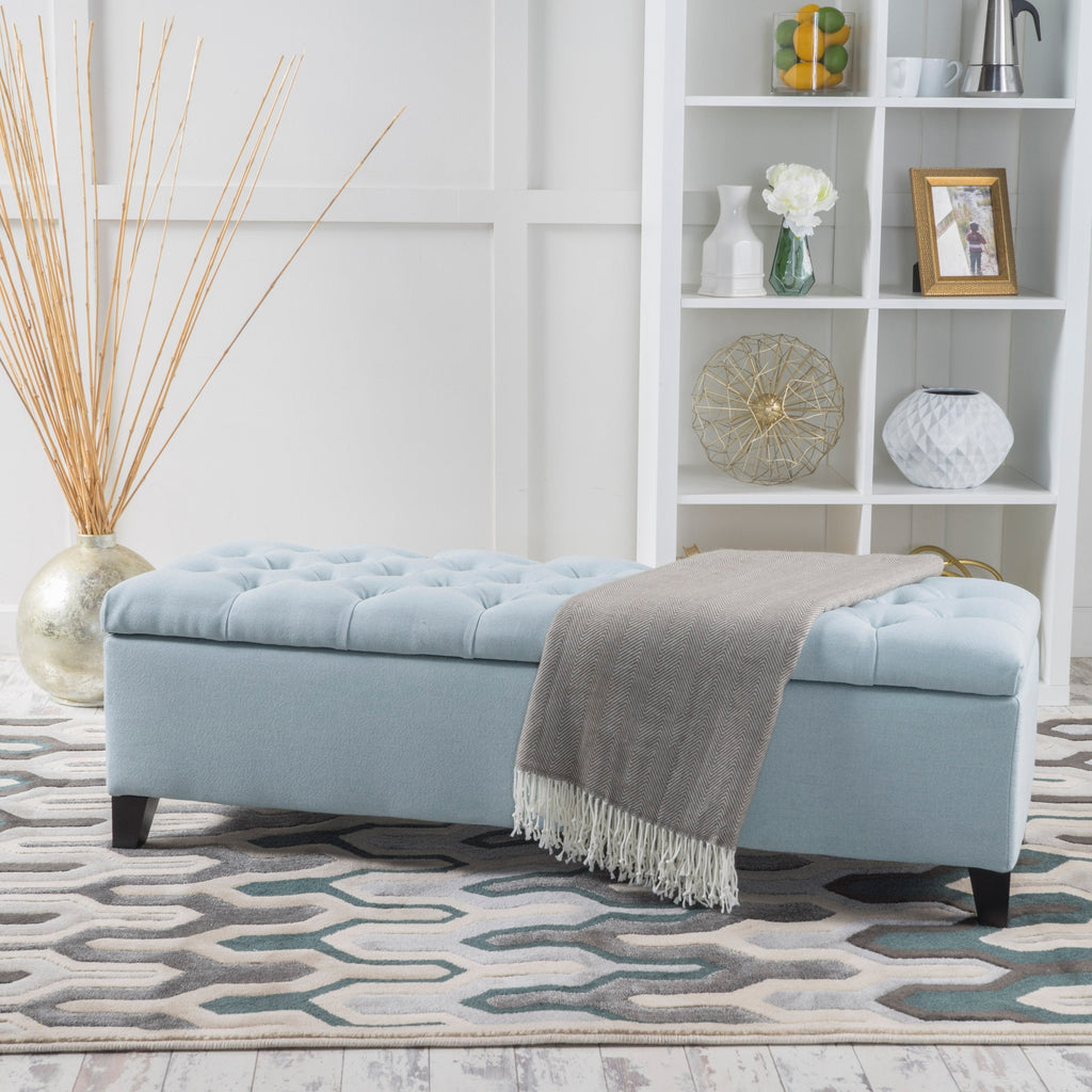 GLOUSTER Contemporary Storage Ottoman V2 with Button Tufting in Blue Fabric, 51 Inches - Grand Goldman Shop
