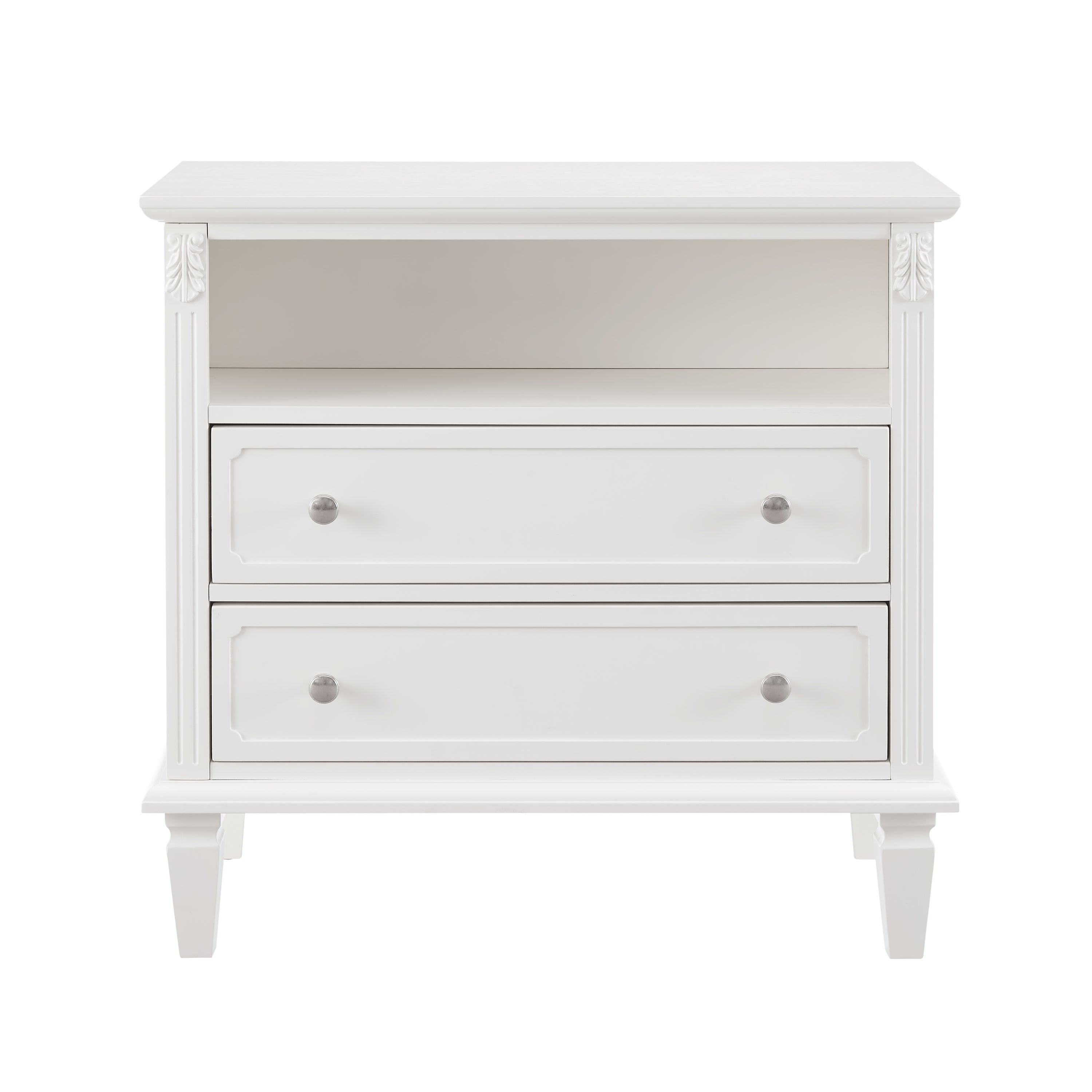 Open Space and 2 Drawers Dresser Nightstand with Charging Station, Farmhouse End Table with USB Ports and Outlets, Fluted Pilasters Design Side Table with Solid Wood Legs for Bedroom - Grand Goldman Shop