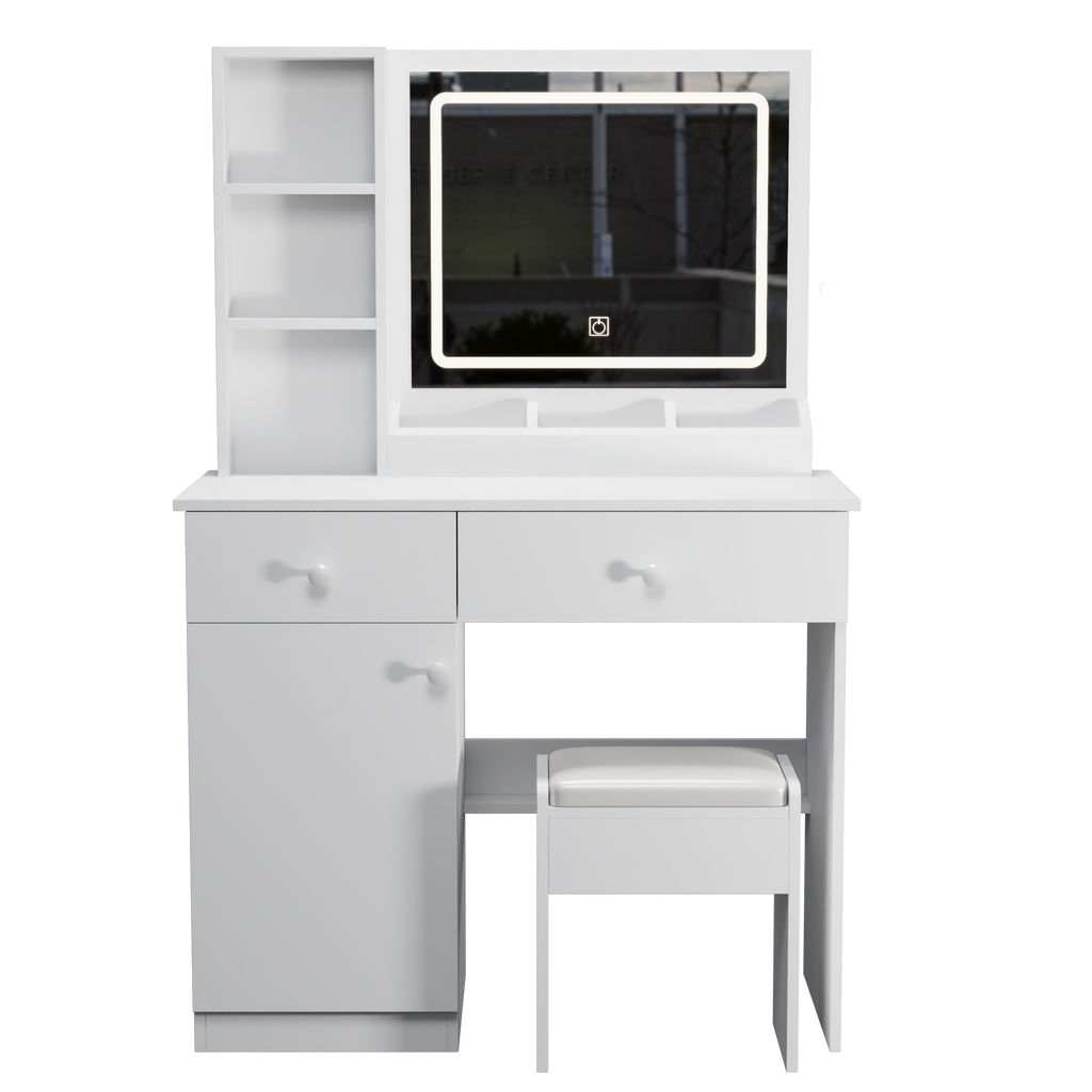 Fashion Vanity Desk with Mirror and Adjustable Lights, Makeup Table Set with 2 Drawers, White MDF, 35.43' x 15.75' x 51.97' - Grand Goldman Shop