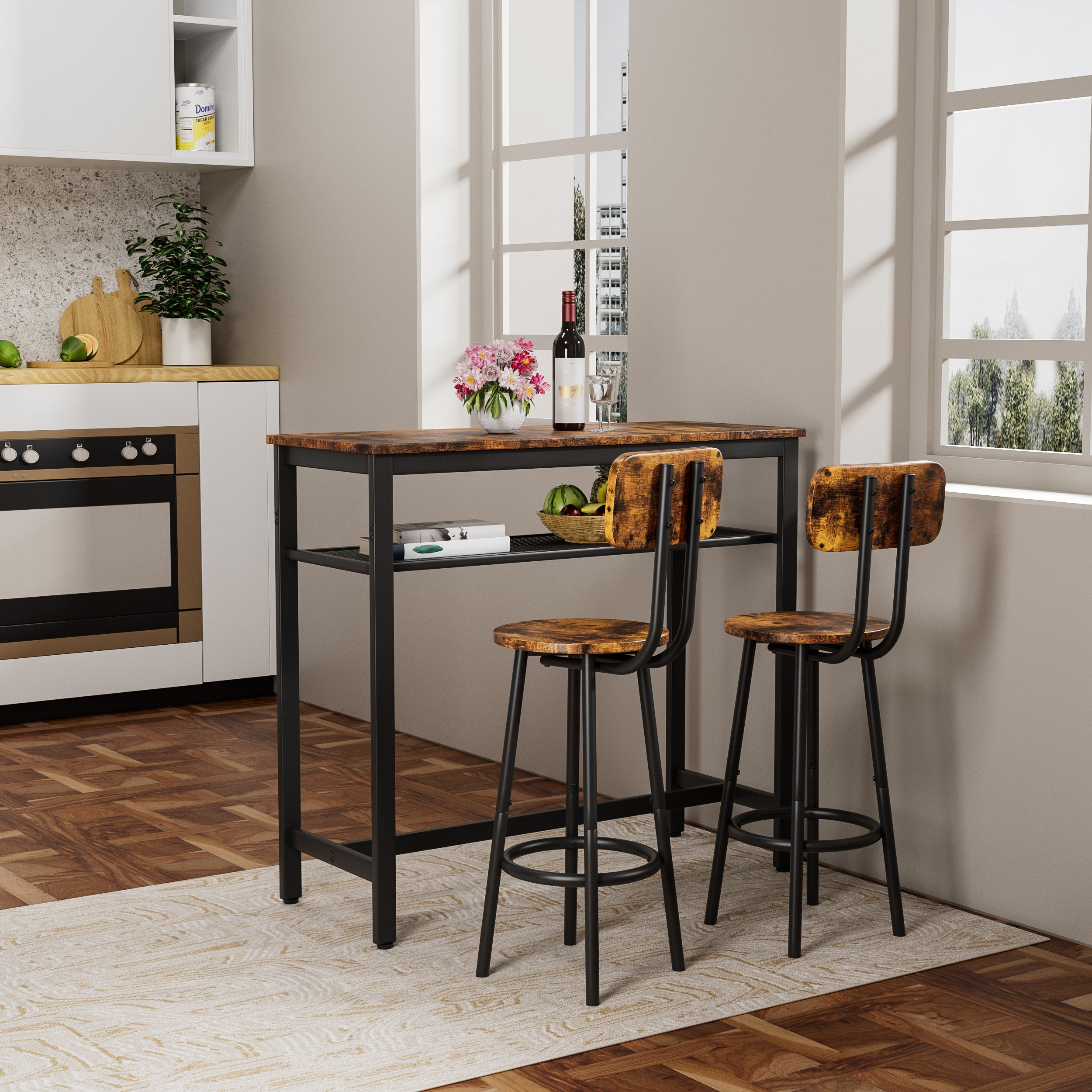 Bar table, equipped with 2 bar stools , with backrest and partition (Rustic Brown) - Grand Goldman Shop