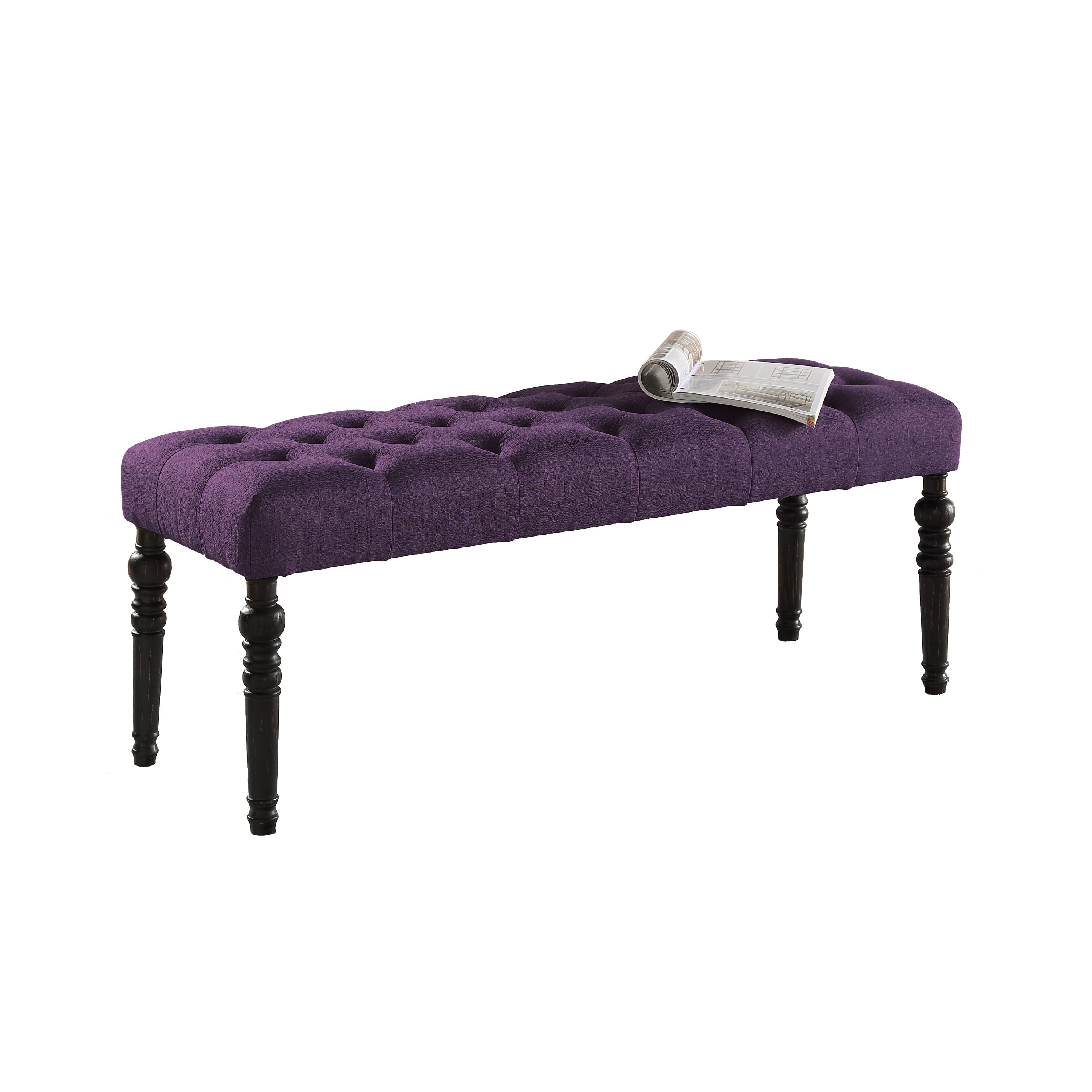 Leviton Fabric Tufted Turned Leg  Dining Bench, Purple - Grand Goldman Shop