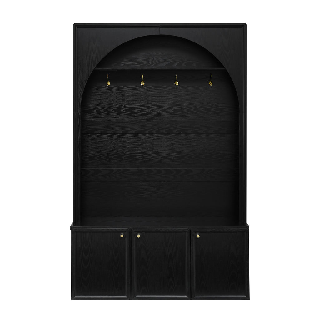 ON-TREND Farmhouse All-in-One Hall Tree with Adjustable Shelves, Retro Arched Entryway Storage Bench with 3 Cabinets, Wooden Coat Rack Organizer with 4 Golden Hooks for Mudroom, Hallway, Black - Grand Goldman Shop