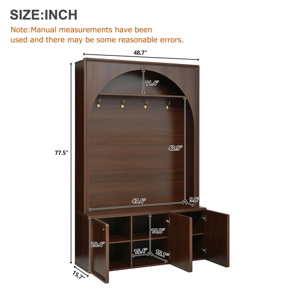 ON-TREND Farmhouse All-in-One Hall Tree with Adjustable Shelves, Retro Arched Entryway Storage Bench with 3 Cabinets, Wooden Coat Rack Organizer with 4 Golden Hooks for Mudroom, Hallway, Walnut - Grand Goldman Shop
