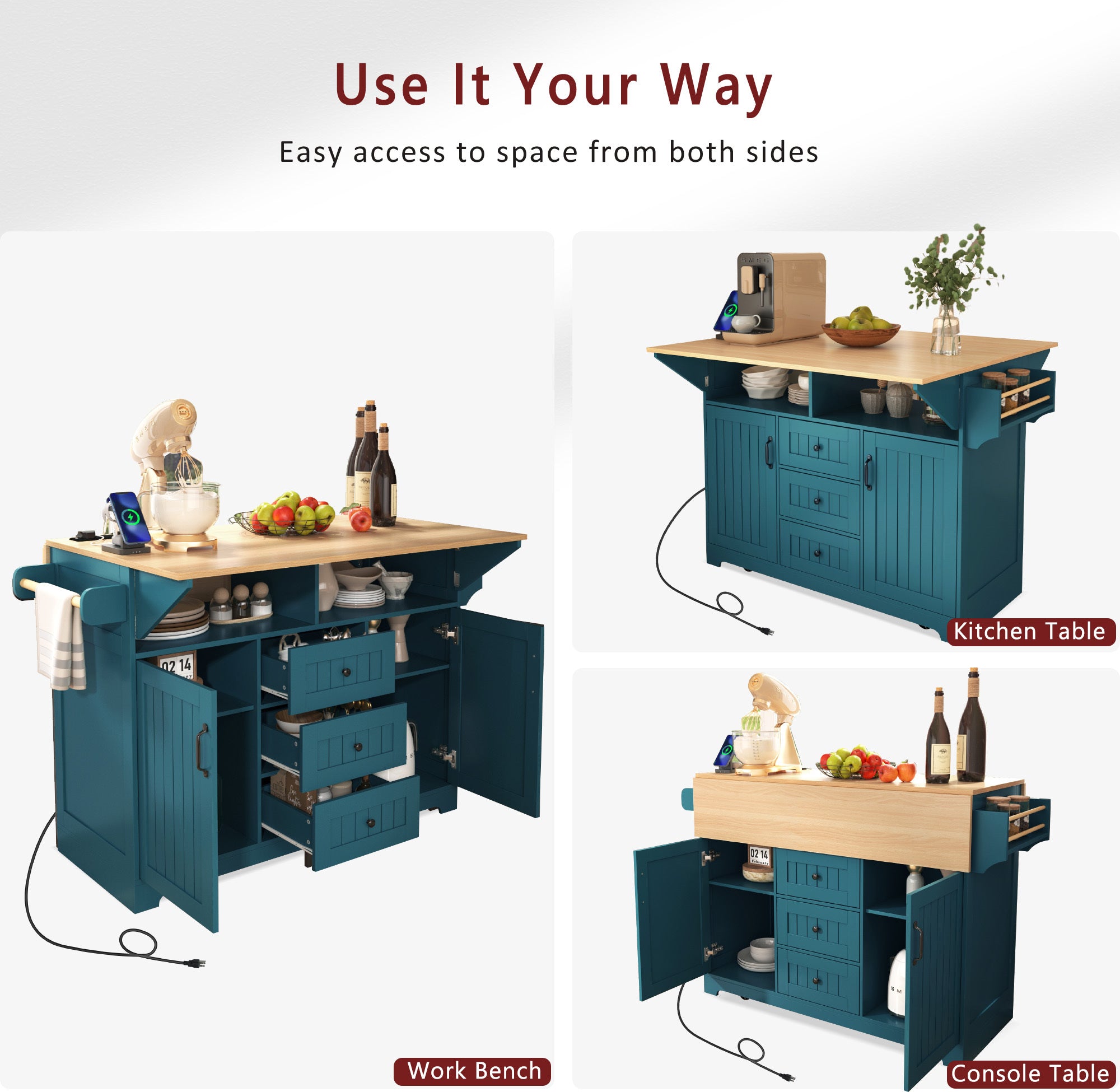 K&K 55.7'' Large Kitchen Island with 2 Drop Leaf,, Rolling Kitchen Cart on 5 Wheels with Power Outlet, Folding Storage Dining Table with Spice & Towel Rack , 3 Drawers, for Kitchen, Dining Room,Green - Grand Goldman Shop