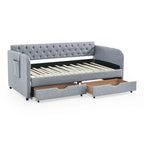 Linen Grey Mid-Century Style Twin Daybed with Trundle and Storage Drawers, Flat Arms with Pocket, Extendable for Bedroom or Living Room - Grand Goldman Shop