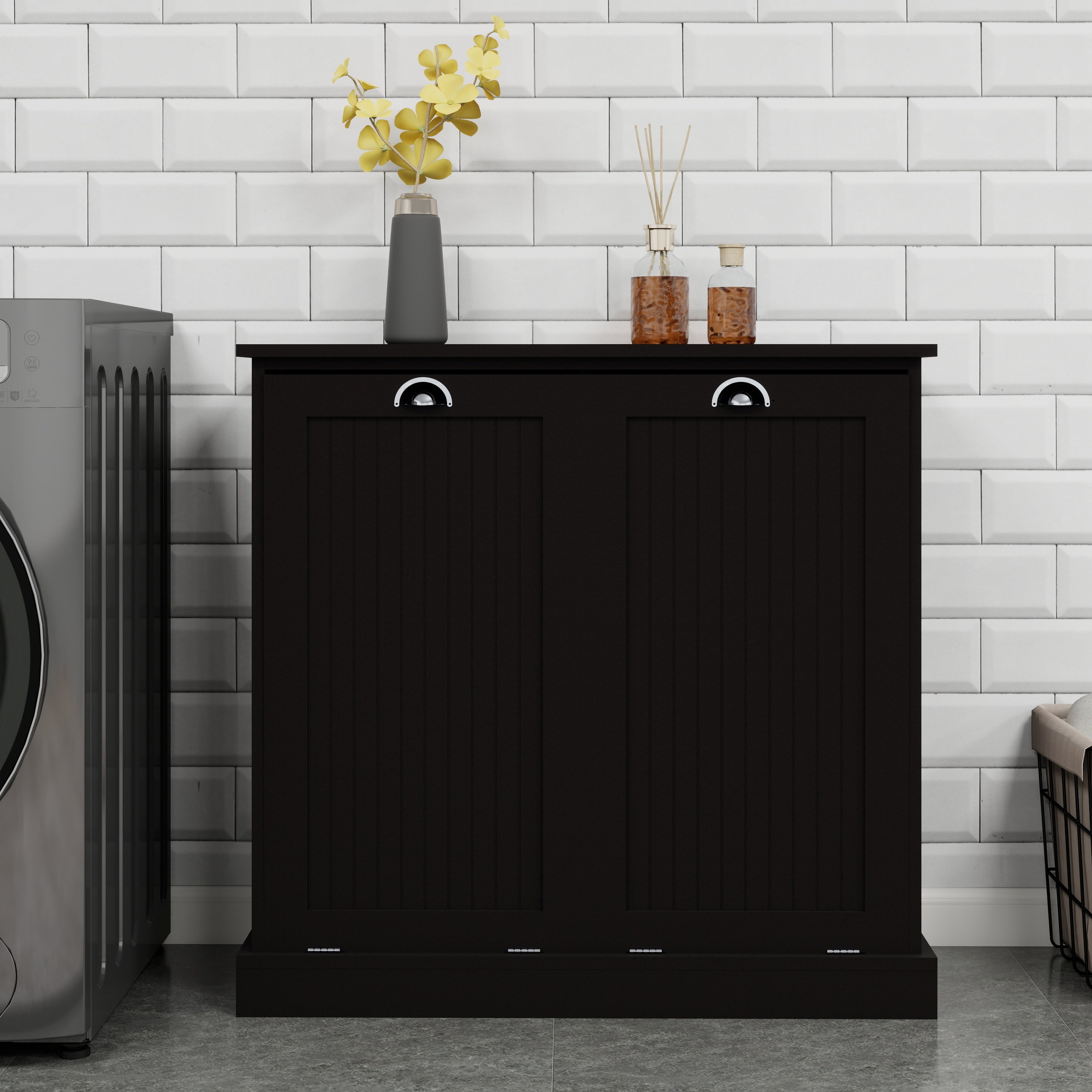 Two-Compartment Tilt-Out Laundry Sorter Cabinet-Black - Grand Goldman Shop