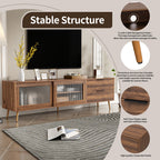 Modern Walnut TV Stand for 75+ TV, 70' Media Console with 2 Glass Doors, 2 Drawers & Storage Cabinet, MDF and Solid Wood Construction - Grand Goldman Shop