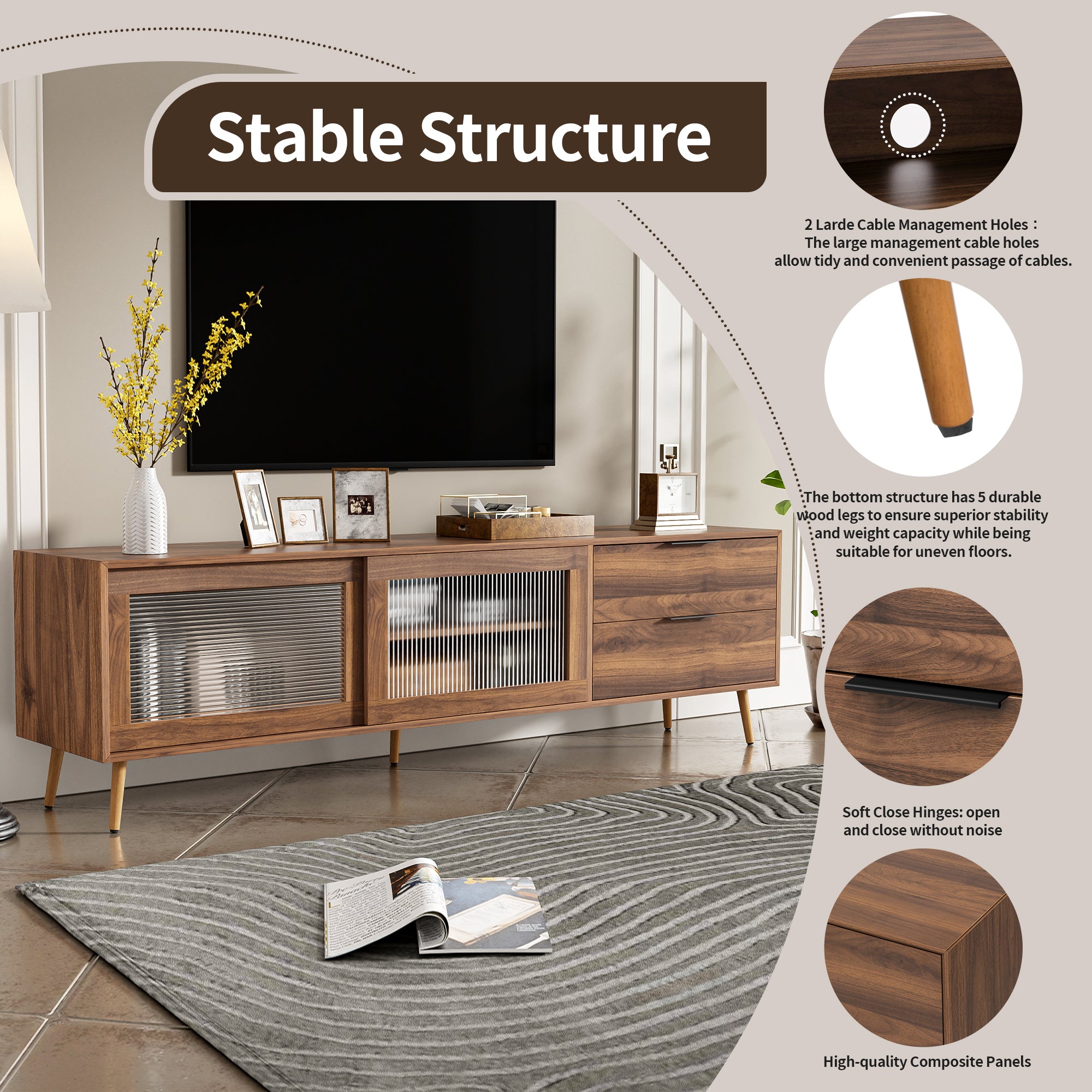 Modern Walnut TV Stand for 75+ TV, 70' Media Console with 2 Glass Doors, 2 Drawers & Storage Cabinet, MDF and Solid Wood Construction - Grand Goldman Shop