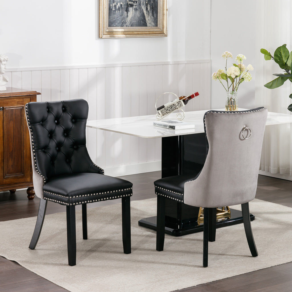 A&A Furniture,Nikki Collection Modern, High-end Tufted Solid Wood Contemporary PU and Velvet Upholstered Dining Chair with Wood Legs Nailhead Trim  2-Pcs Set，Black+Gray, SW2101BG - Grand Goldman Shop