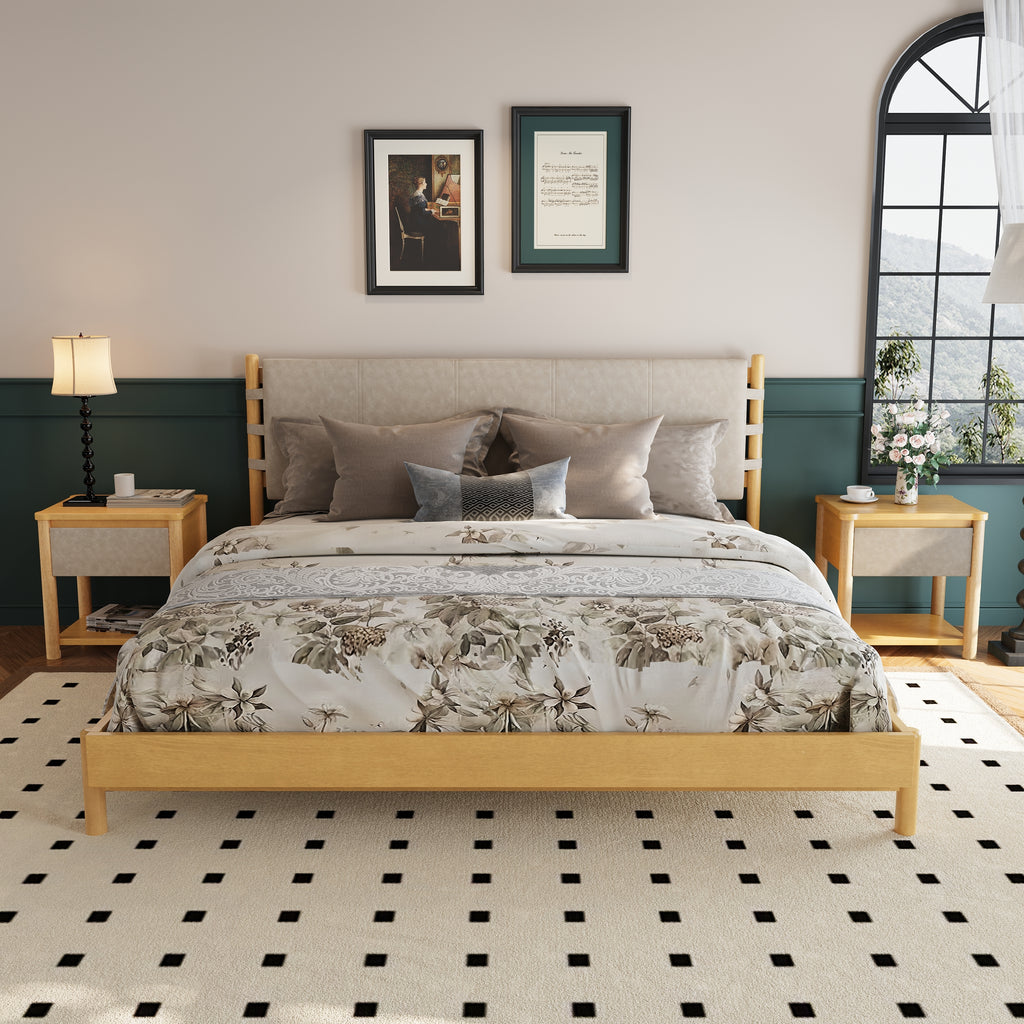 Modern King Bed Frame Set with 2 Nightstands, Beige Wood Platform Bed with Headboard and Matching Bedside Tables for Bedroom - Grand Goldman Shop