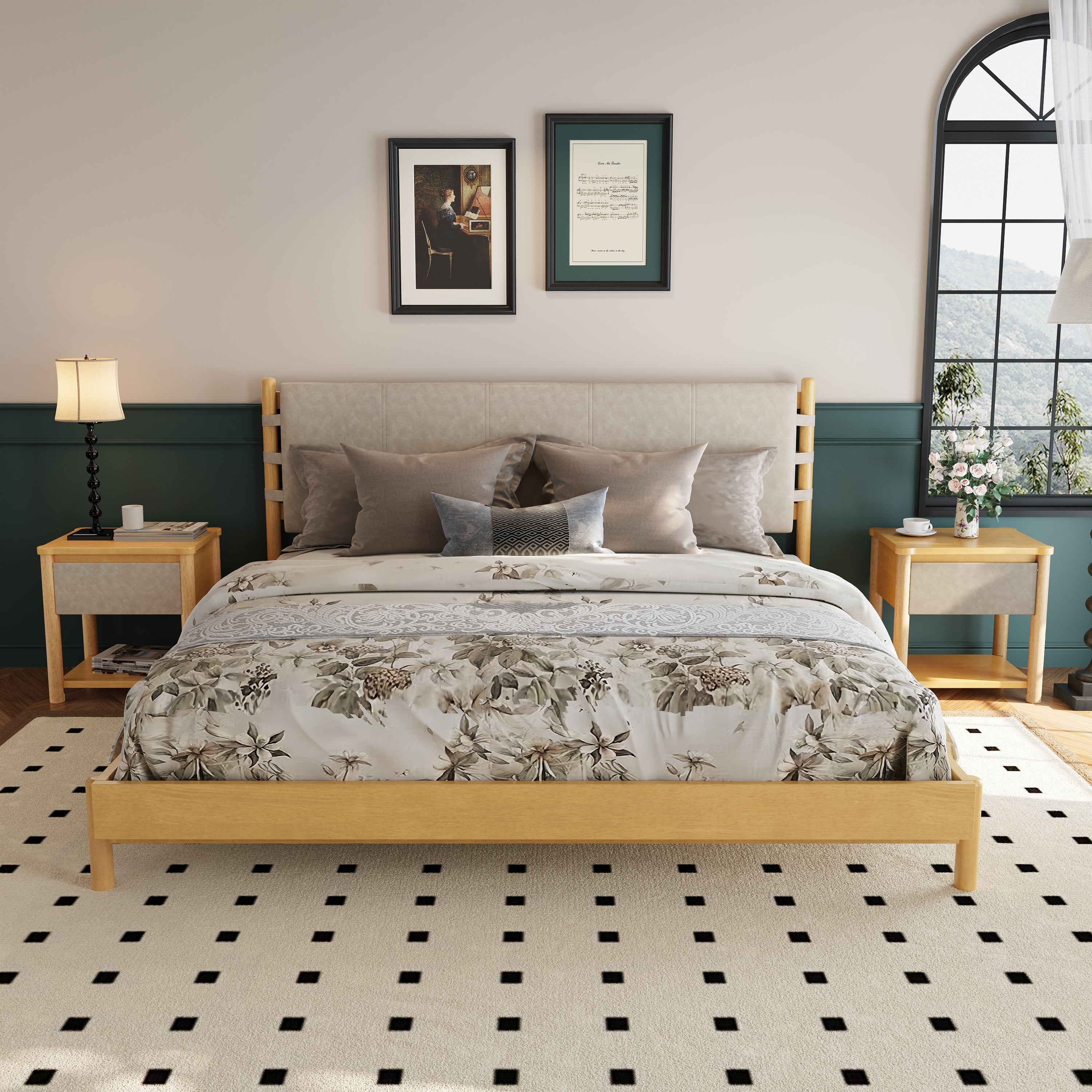 Modern King Bed Frame Set with 2 Nightstands, Beige Wood Platform Bed with Headboard and Matching Bedside Tables for Bedroom - Grand Goldman Shop