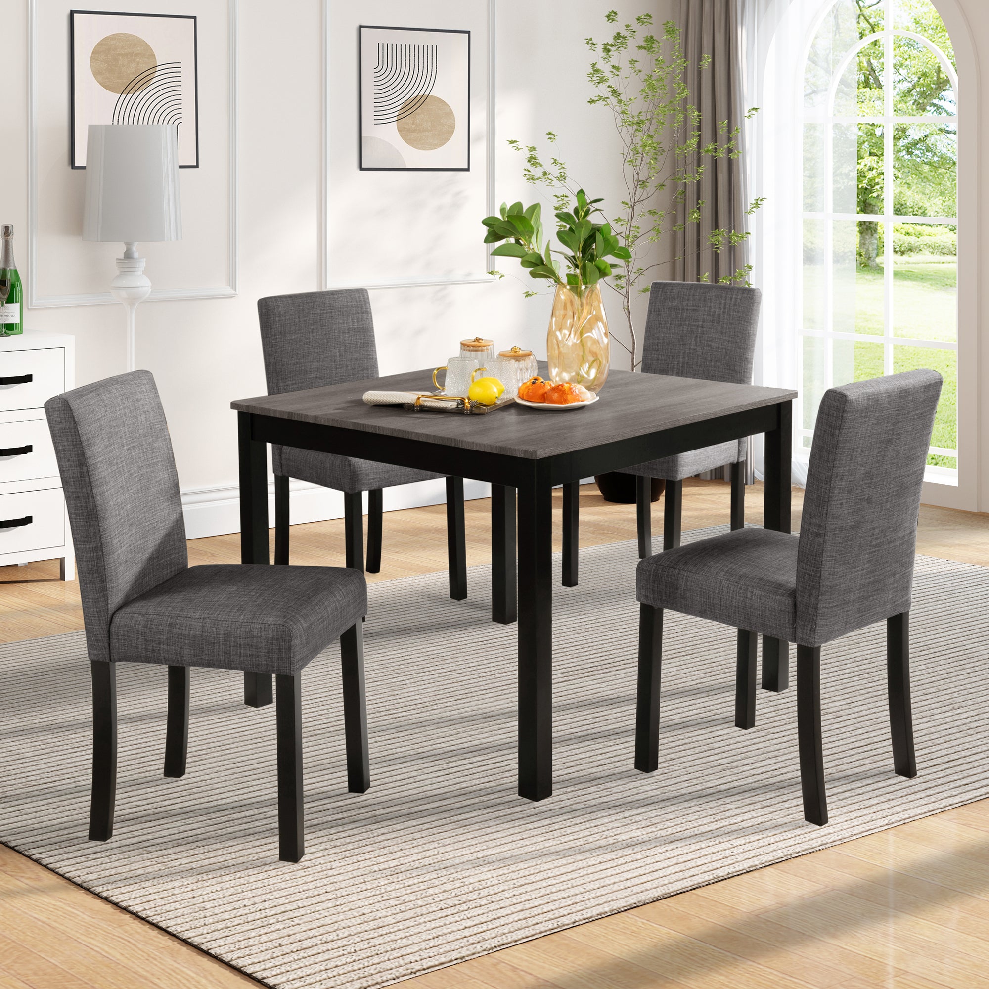 Modern 5-Piece Dining Table Set with 4 Chairs for Kitchen or Dining Room – Light Grey & Black Two-Tone - Grand Goldman Shop