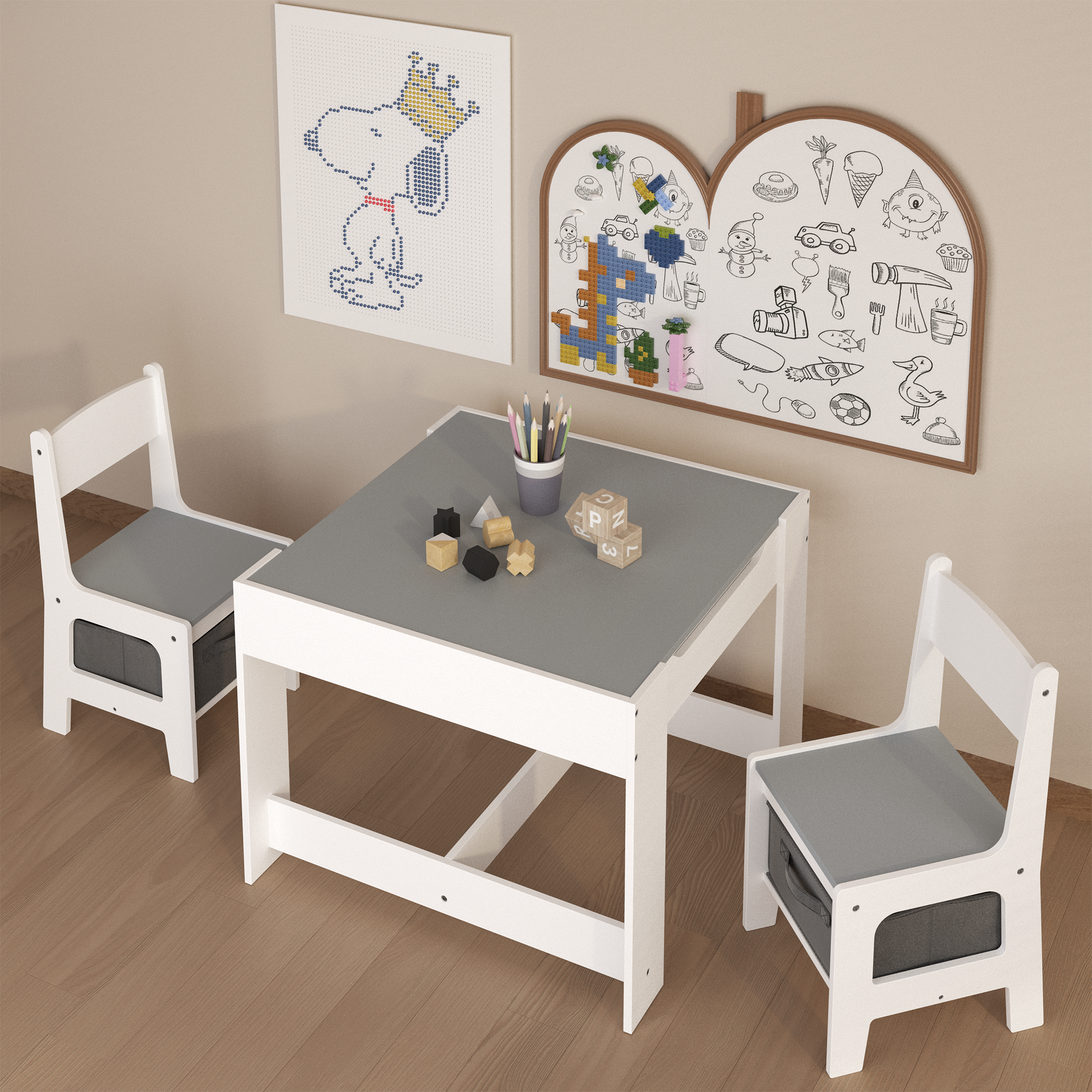 Kids Table and Chair Set, 3 in 1 Wooden Activity Table with Storage Drawer for Toddlers Drawing, Reading, Crafts, 2 in 1 Deta