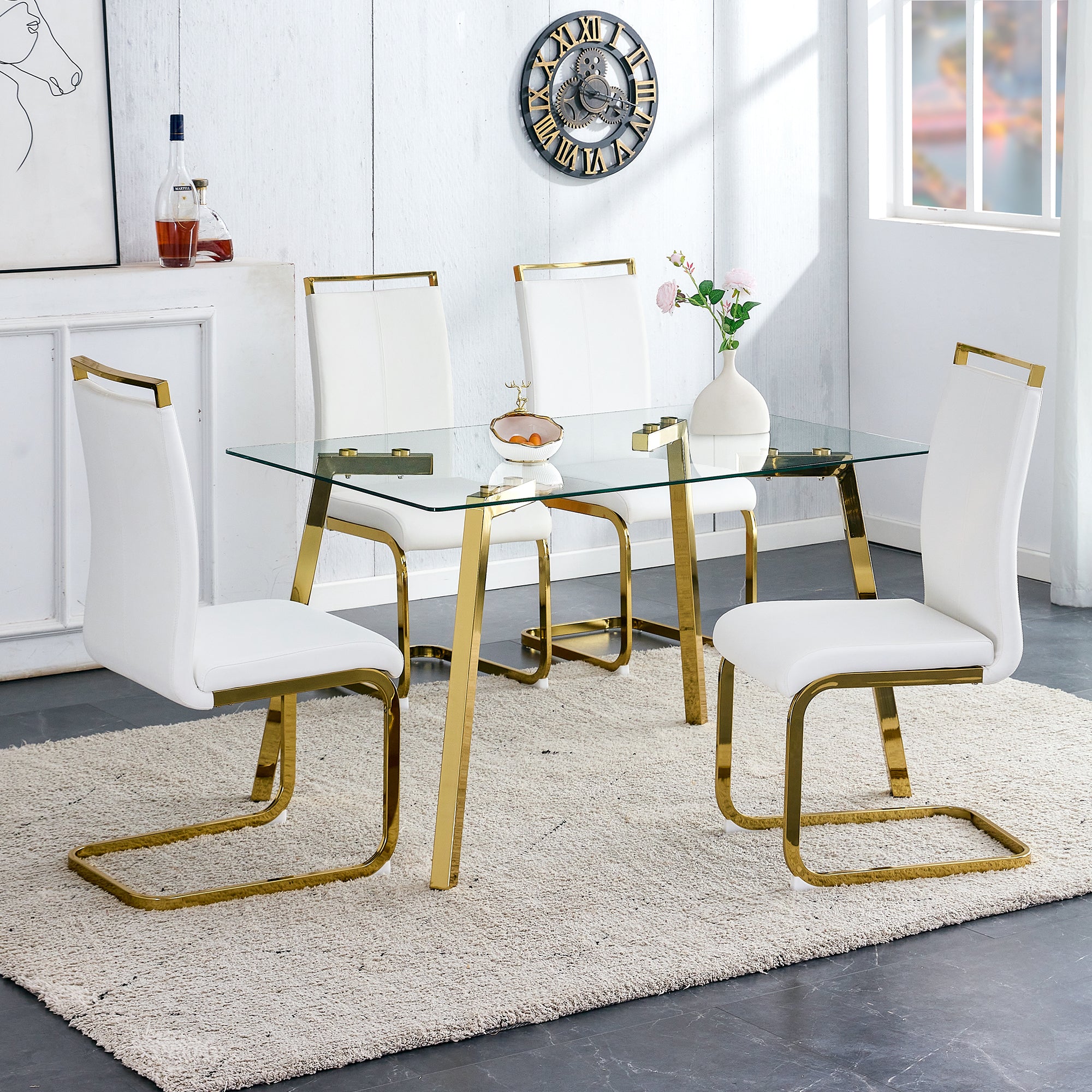 Modern minimalist style rectangular glass dining table with tempered glass tabletop and golden metal legs, suitable for kitchen, dining room, and living room, 51 ' * 31.5 ' * 29.5 '   1123 - Grand Goldman Shop