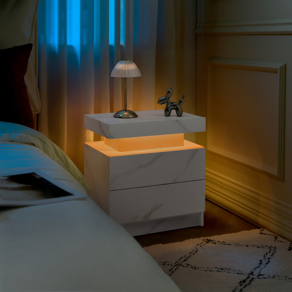 Nightstand LED Bedside Table Cabinet Lights Modern End Side with 2 Drawers for Bedroom (White Stone) - Grand Goldman Shop