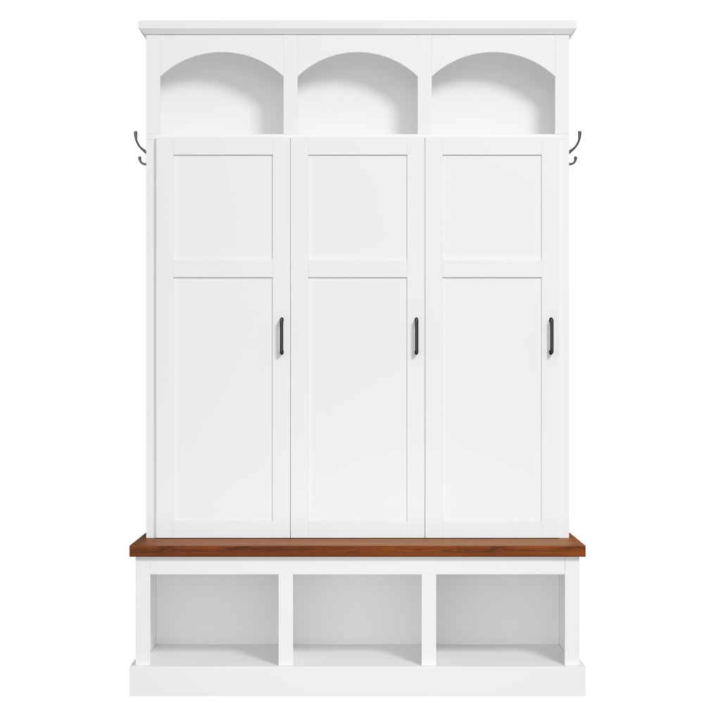 Classic Arched Design Hall Tree with 3 Hidden Storage, Farmhouse Mudroom with Walnut Bench, Mid-Century All-in-One Entryway Organizer with 5 Hooks for Hallway, White - Grand Goldman Shop
