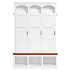 Classic Arched Design Hall Tree with 3 Hidden Storage, Farmhouse Mudroom with Walnut Bench, Mid-Century All-in-One Entryway Organizer with 5 Hooks for Hallway, White - Grand Goldman Shop