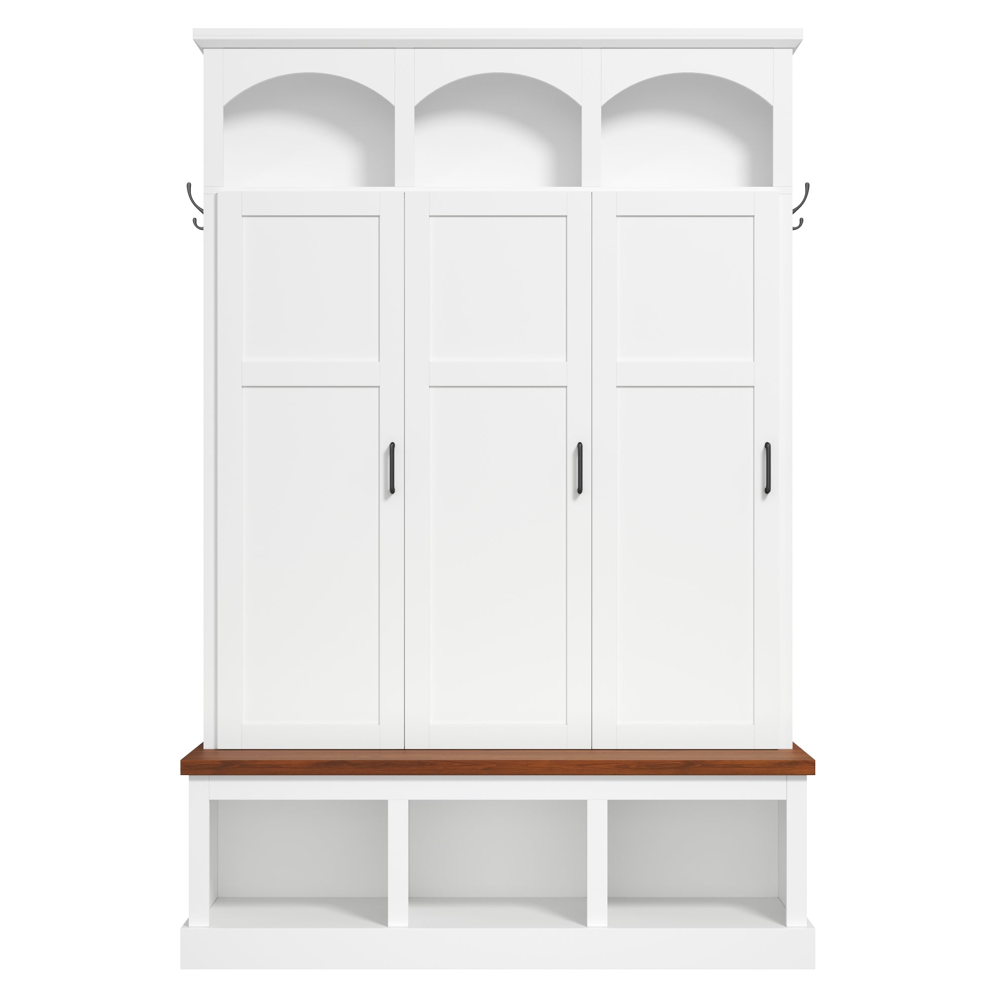Classic Arched Design Hall Tree with 3 Hidden Storage, Farmhouse Mudroom with Walnut Bench, Mid-Century All-in-One Entryway Organizer with 5 Hooks for Hallway, White - Grand Goldman Shop