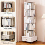 Rotating Bookshelf with Drawer, 360 Display 6 Tier Corner Bookshelf for Small Space, Floor Standing Bookcase Storage Rack, Wood Narrow Organizer for Bedroom, Living Room (WHITE) - Grand Goldman Shop