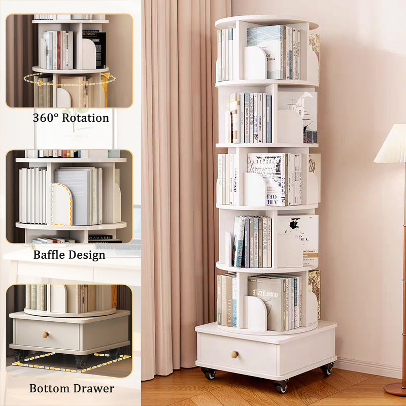 Rotating Bookshelf with Drawer, 360 Display 6 Tier Corner Bookshelf for Small Space, Floor Standing Bookcase Storage Rack, Wood Narrow Organizer for Bedroom, Living Room (WHITE) - Grand Goldman Shop