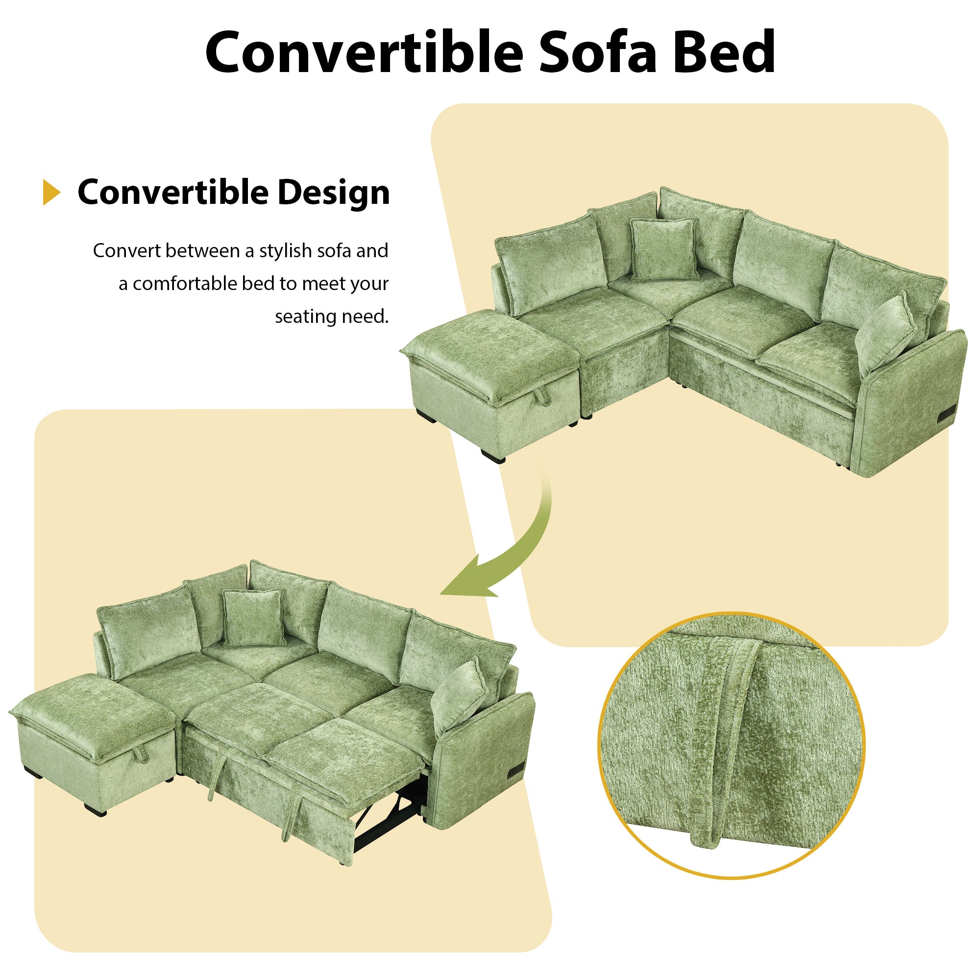 Convertible Sofa Bed Sectional Sofa Sleeper with Storage Ottoman, Green Chenille, 82.67 inches - Grand Goldman Shop