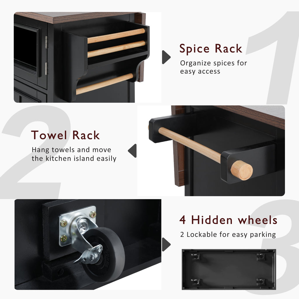 K&K 54.9' Kitchen Island with Drop Leaf, Power Outlet, Kitchen Storage Cart with 4 Door Shelves, Cross Barn Doors & Visual Glass Door, Rolling Kitchen Island on 4 Wheels for Kitchen, Dining Room,Black - Grand Goldman Shop