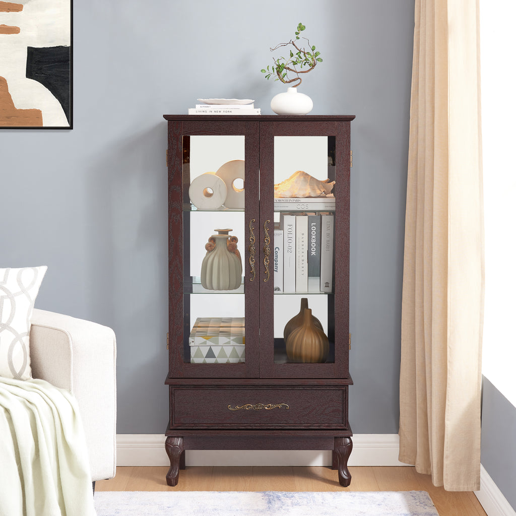 Curio Cabinet Lighted Glass Cabinet Glass Wine Cabinet Curio Display Cabinet with Adjustable Glass Shelves 2 Doors and 1 drawer Cabinet Sideboard With Bulb Included Dark Cherry - Grand Goldman Shop
