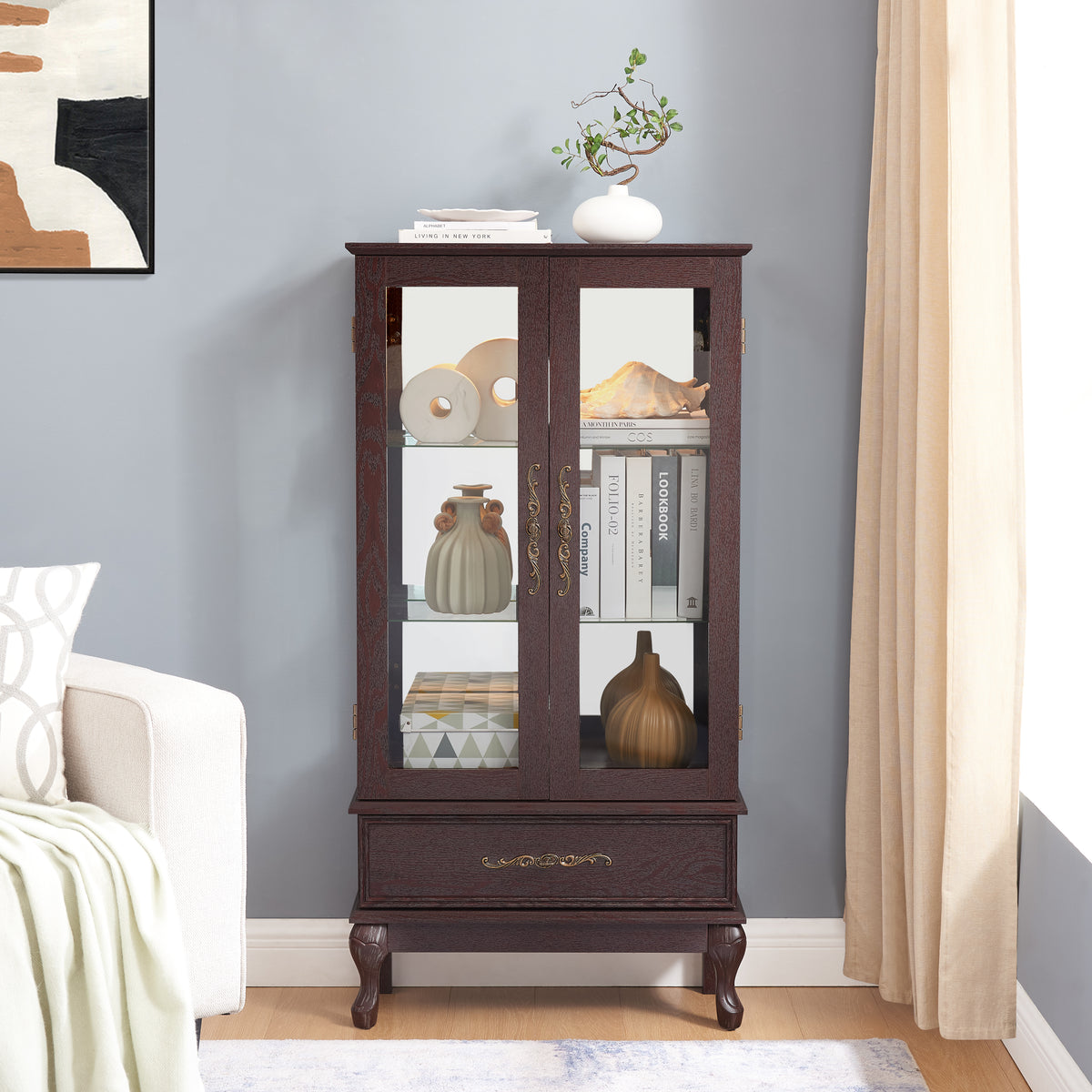 Curio Cabinet Lighted Glass Cabinet Glass Wine Cabinet Curio Display Cabinet with Adjustable Glass Shelves 2 Doors and 1 drawer Cabinet Sideboard With Bulb Included Dark Cherry - Grand Goldman Shop