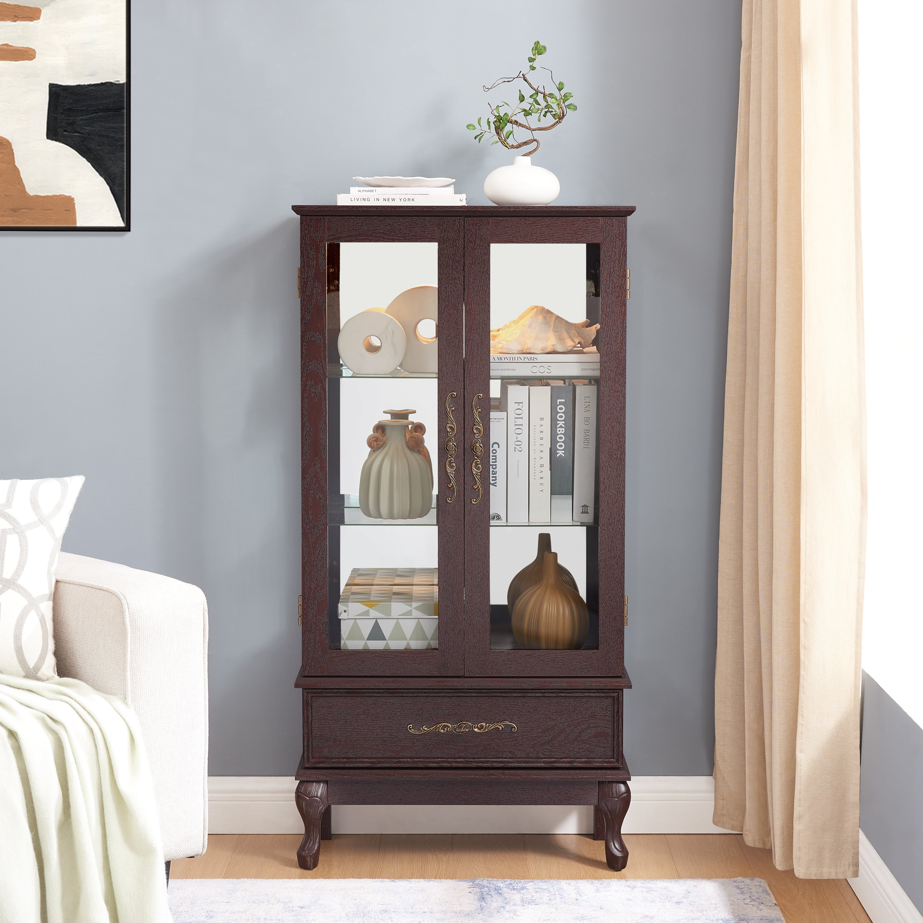 Curio Cabinet Lighted Glass Cabinet Glass Wine Cabinet Curio Display Cabinet with Adjustable Glass Shelves 2 Doors and 1 drawer Cabinet Sideboard With Bulb Included Dark Cherry - Grand Goldman Shop