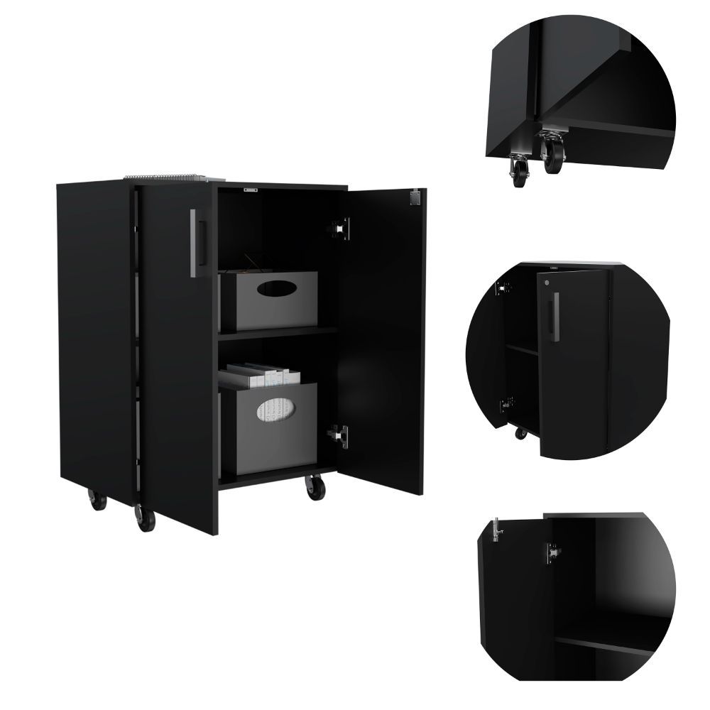 Storage Cabinet, Casters, Double Door, Two Interior Shelves -Black | Premium Home Decor - Grand Goldman