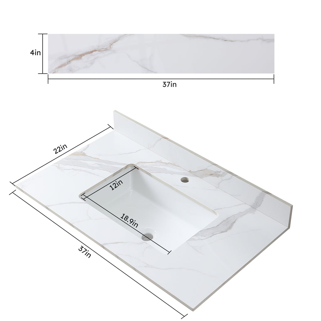 Montary 37inch bathroom vanity top stone carrara gold new style tops with rectangle undermount ceramic sink and single faucet hole - Grand Goldman Shop