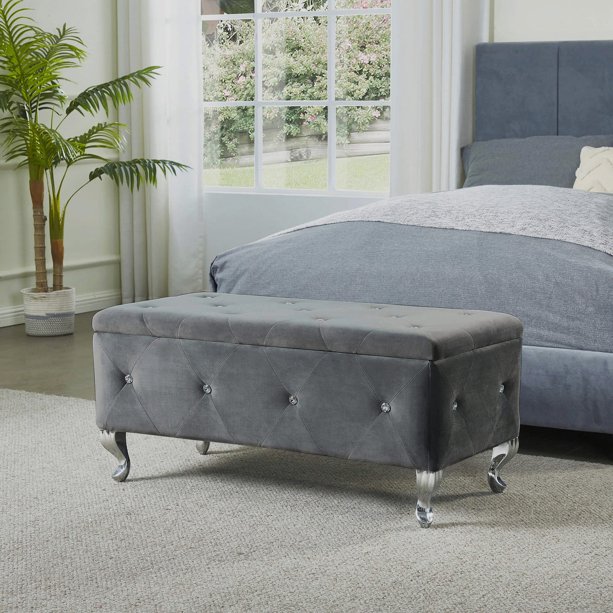 Tufted Storage Ottoman Bench For Bedroom End Of Bed Large Upholstered Storage Benches Footrest With Crystal Buttons For Living Room Entryway (Grey) - Grand Goldman Shop