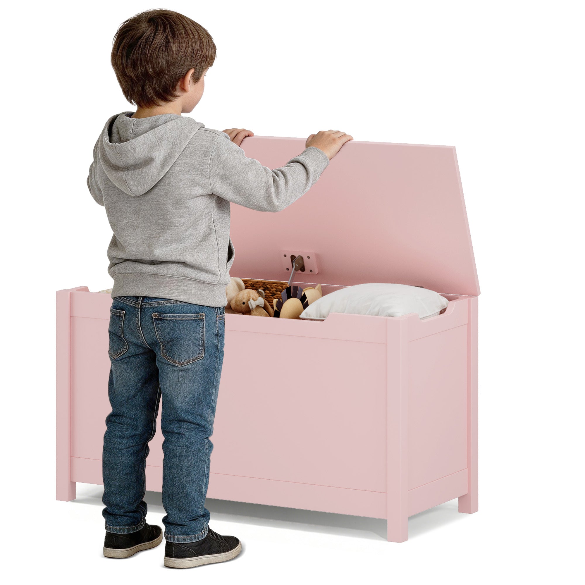 Kids Wooden Toy Box Storage with Safety Hinged Lid for Ages 2+ (Pink) - Grand Goldman