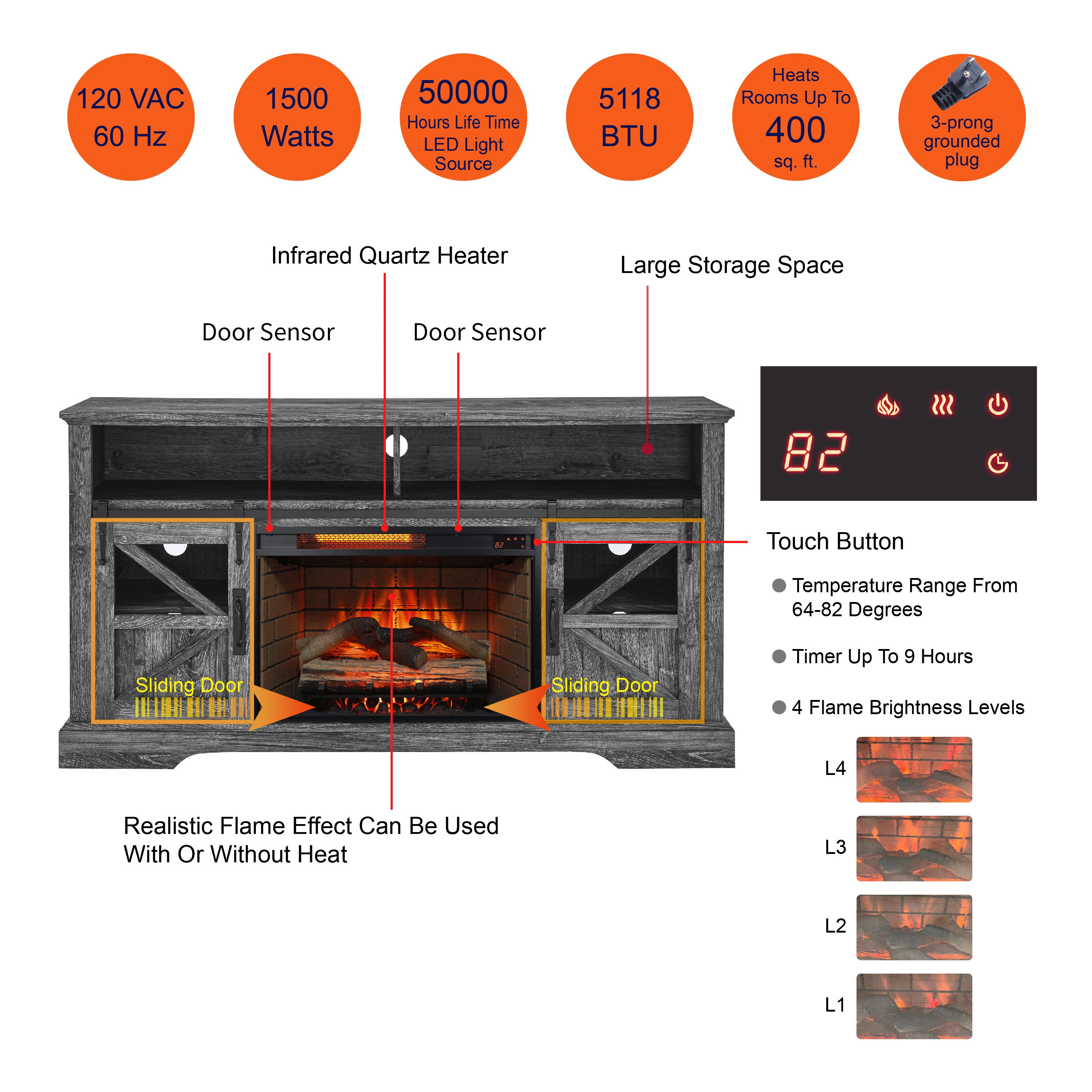 60 Inch Electric Fireplace Entertainment Center With Door Sensor-Dark Rustic Oak - Grand Goldman Shop