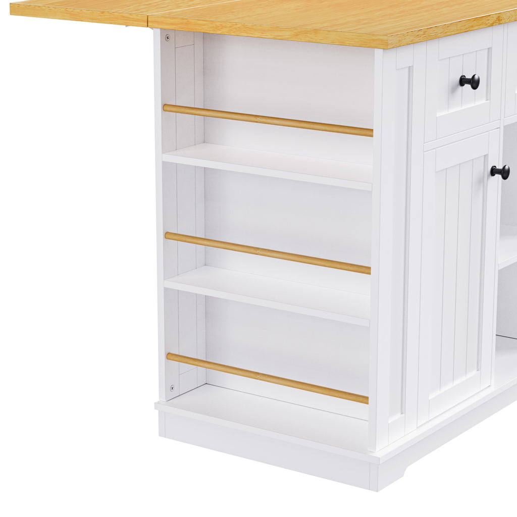 K&K 53inch Large Kitchen Island with Drop Leaf,Power Outlet,Door Internal Storage Rack,Rolling Kitchen Cart on 5 Wheels with 5 Open Side Racks for Kitchen,White (Two Packages)(Stools not included) - Grand Goldman Shop