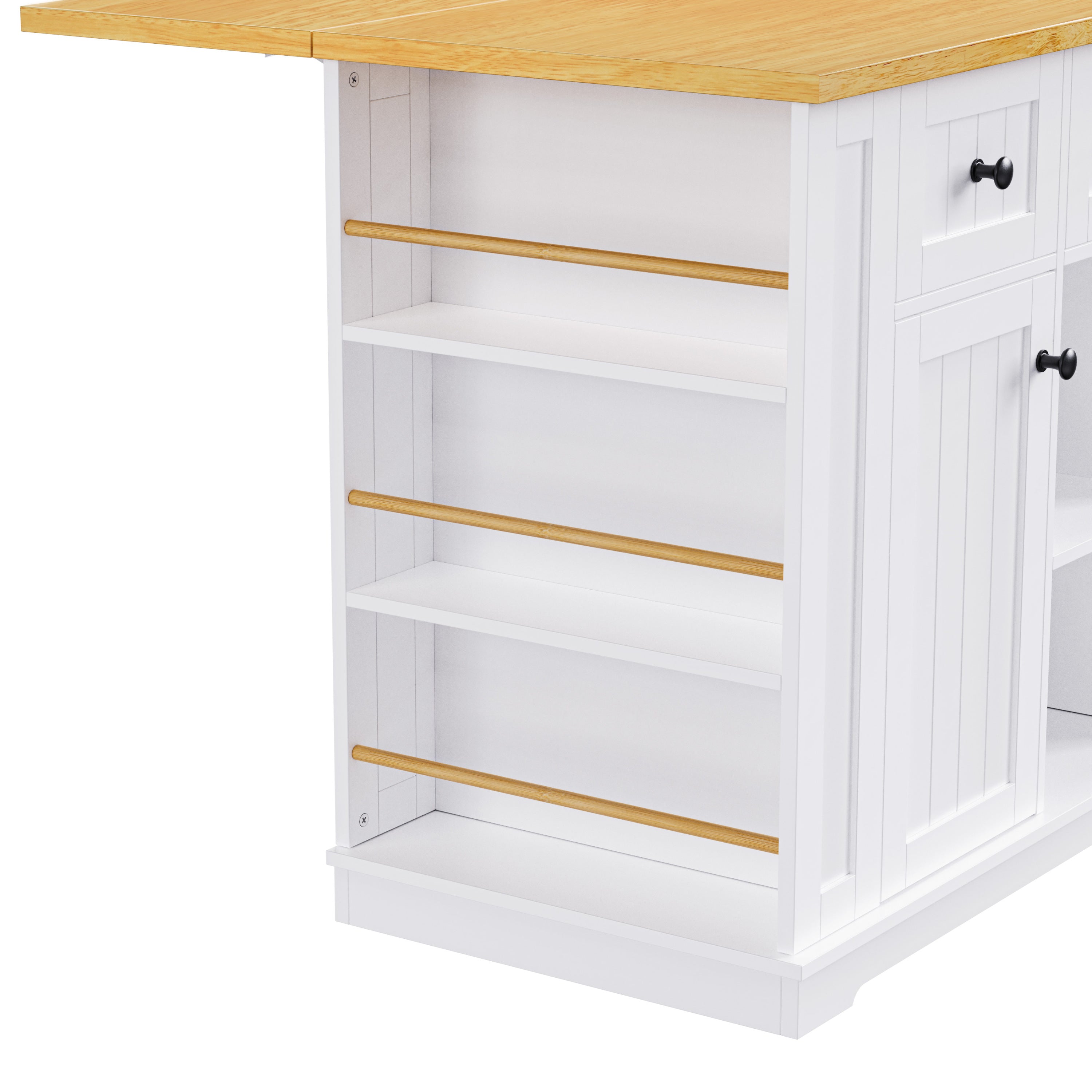 K&K 53inch Large Kitchen Island with Drop Leaf,Power Outlet,Door Internal Storage Rack,Rolling Kitchen Cart on 5 Wheels with 5 Open Side Racks for Kitchen,White (Two Packages)(Stools not included) - Grand Goldman Shop