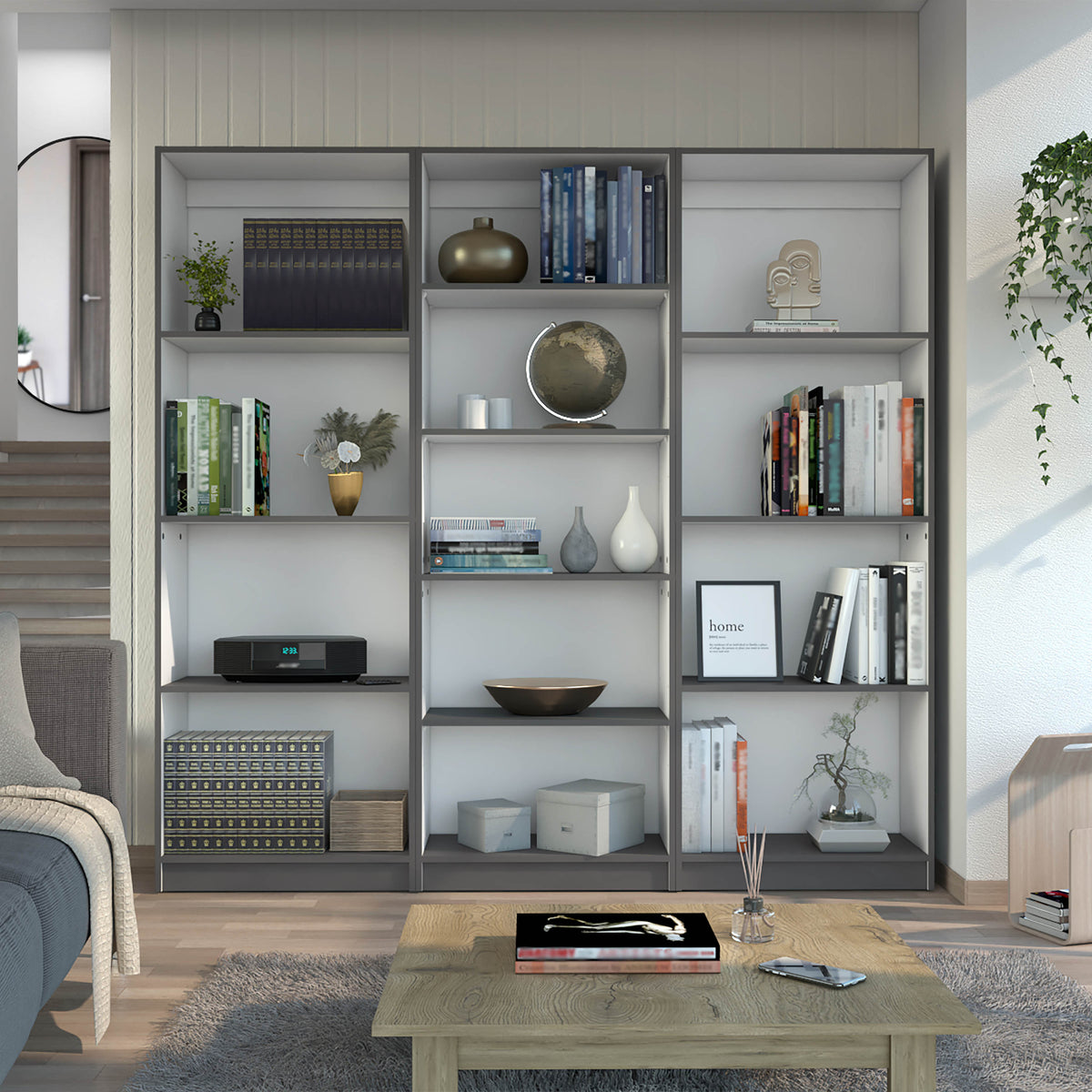 Lainor 3 Piece Home Bookcase set, 74' Wide with 13 Shelves ,  Living Room Set Set Matt Gray - White - Grand Goldman