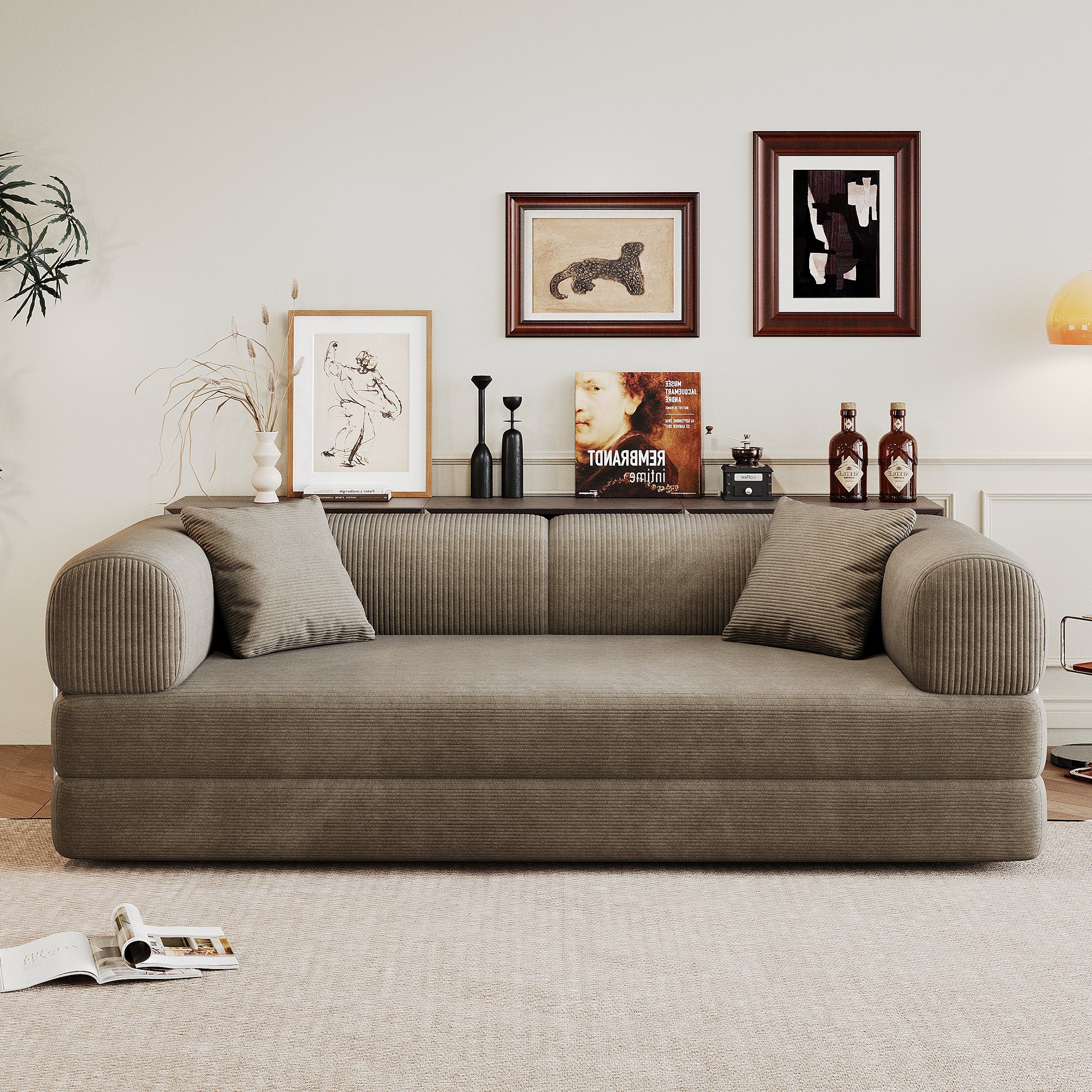 78.8' Compression Sofa,Convertible Floor Sofa Bed-with Pillow Back Support Armrest,Comfy Futon Couch Sleeper Bed,Loveseats Boneless Modular Sectional Sofa,Corduroy fabric,for Living Room,Bedroom,Camel - Grand Goldman Shop