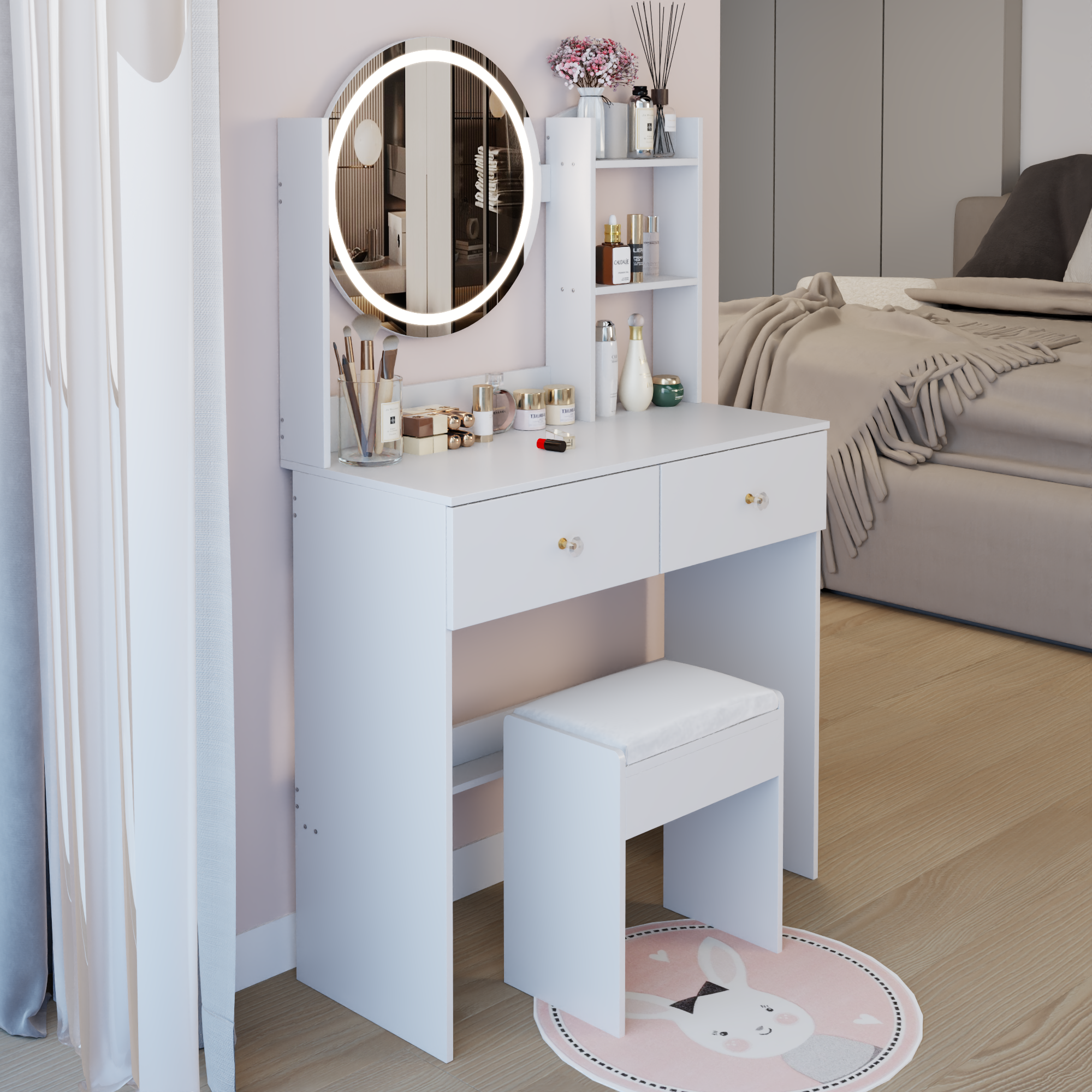 17' Round LED Mirror Vanity Table + Soft Cushion Stool Suit, Large Mirror, Touch Switch, 3 colors, Adjustable Brightness, Large Desktop, Multi-layer High Capacity Storage, Suitable For Small Space - Grand Goldman Shop