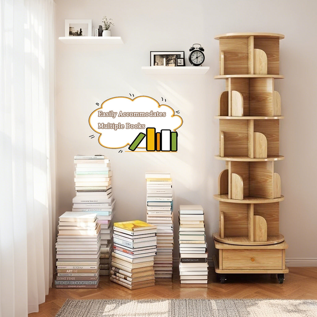 6 Tier Rotating Bookshelf, 360° Display Round Spinning Bookshelf with Wheels and Drawer, Space-Saving, Small Space Rotating Bookshelf Tower for Bedroom, Living Room, Home, Office, Wood Color - Grand Goldman Shop