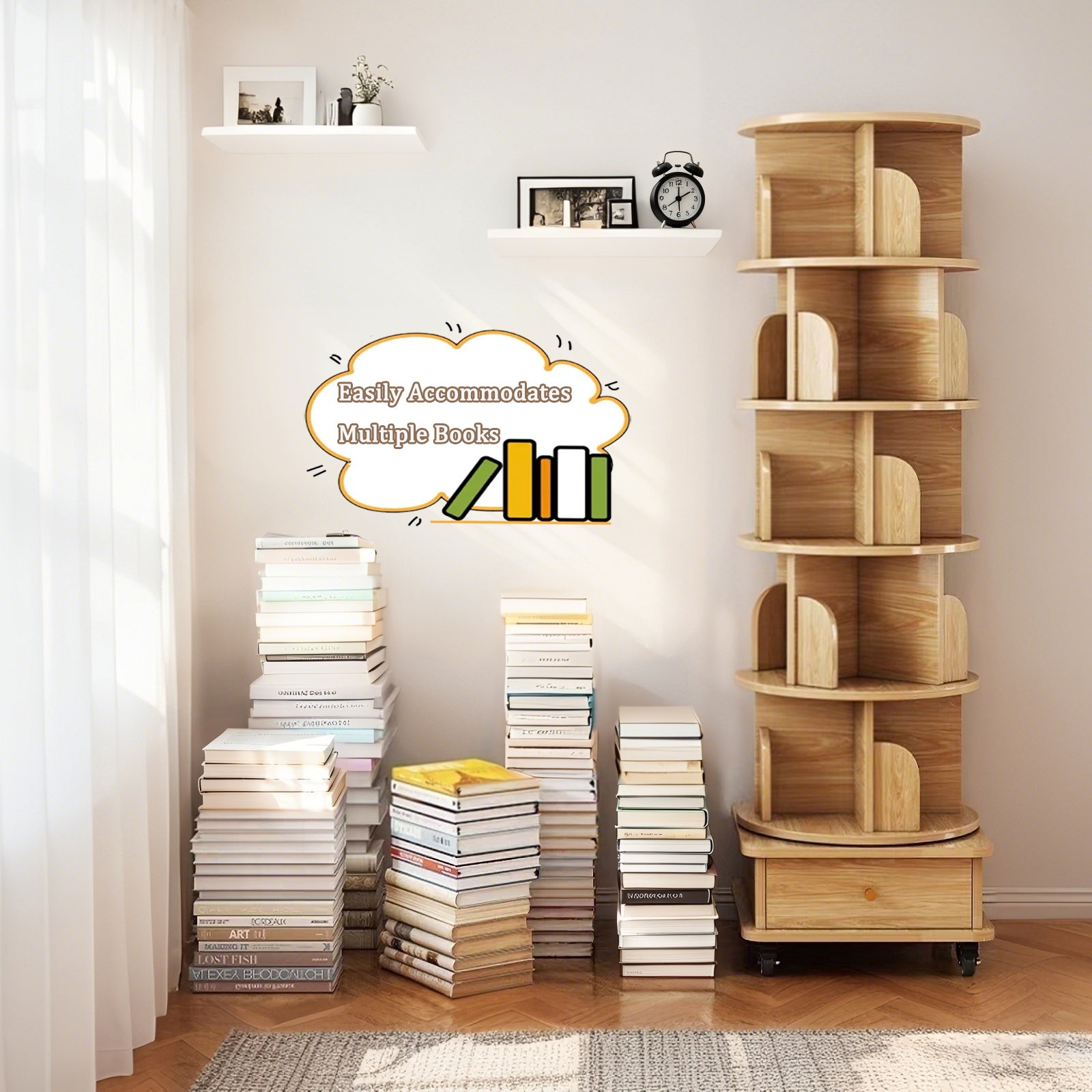 6 Tier Rotating Bookshelf, 360° Display Round Spinning Bookshelf with Wheels and Drawer, Space-Saving, Small Space Rotating Bookshelf Tower for Bedroom, Living Room, Home, Office, Wood Color - Grand Goldman Shop