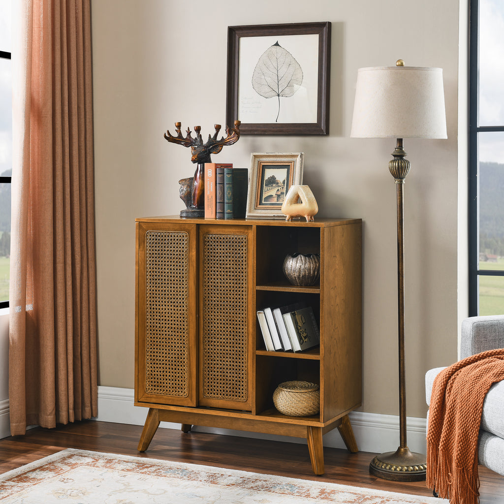 Mid Century Modern Rattan Sideboard Cabinet, Buffet Cabinet for Entryway Hallway Living Room Kitchen Dining Room, Adjustable Shelf & Solid Wood Feet & Rattan Cabinet Doors - Light Wood - Grand Goldman Shop