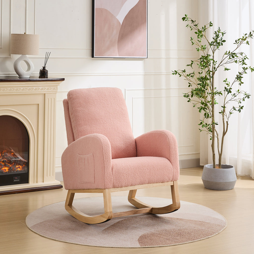 27.2'W Rocking Chair for Nursery, Sherpa Glider Chair with High Back and Side Pocket, Rocking Accent Armchair with Rubber Wood Legs for Living Room/Bedroom.Pink - Grand Goldman Shop