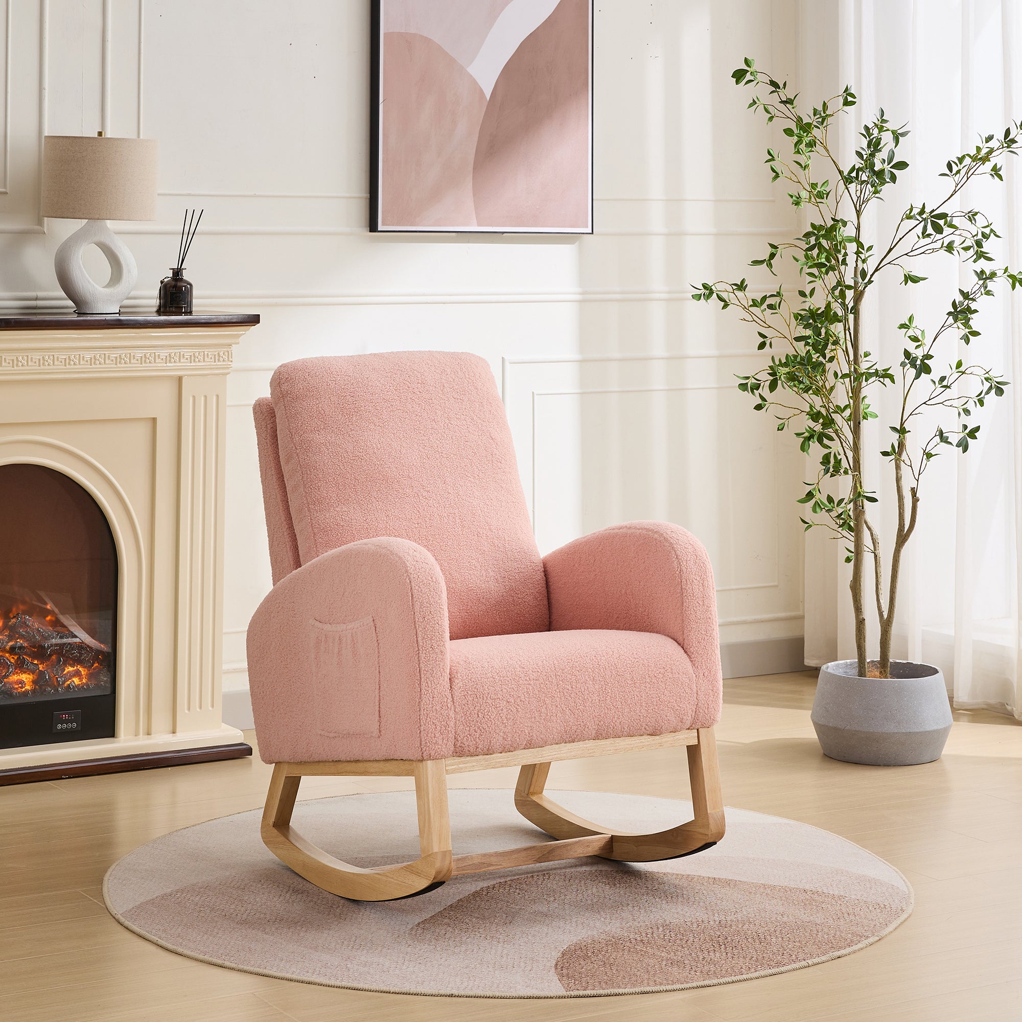27.2'W Rocking Chair for Nursery, Sherpa Glider Chair with High Back and Side Pocket, Rocking Accent Armchair with Rubber Wood Legs for Living Room/Bedroom.Pink - Grand Goldman Shop