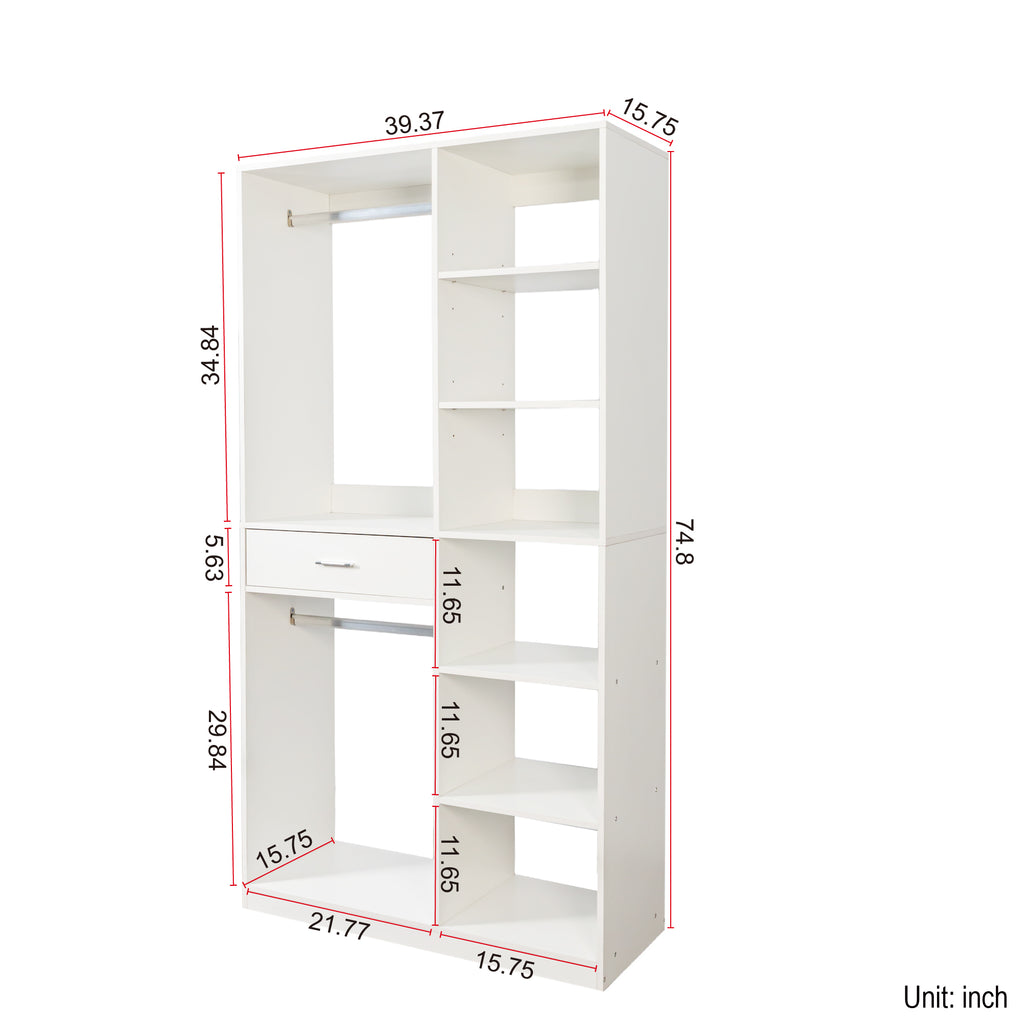 Freestanding Closet System,  Stand-Alone Wardrobe with 6 open Shelves,74.8'' Heigh Closetwith 1 Wood Drawers, Wood Walk-in Closet with 2 Hanging Rod, White - Grand Goldman Shop