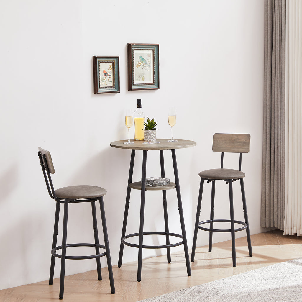 Round bar stool set with shelf, upholstered stool with backrest Grey, 23.62'' W x 23.62'' D x 35.43'' H. - Grand Goldman Shop