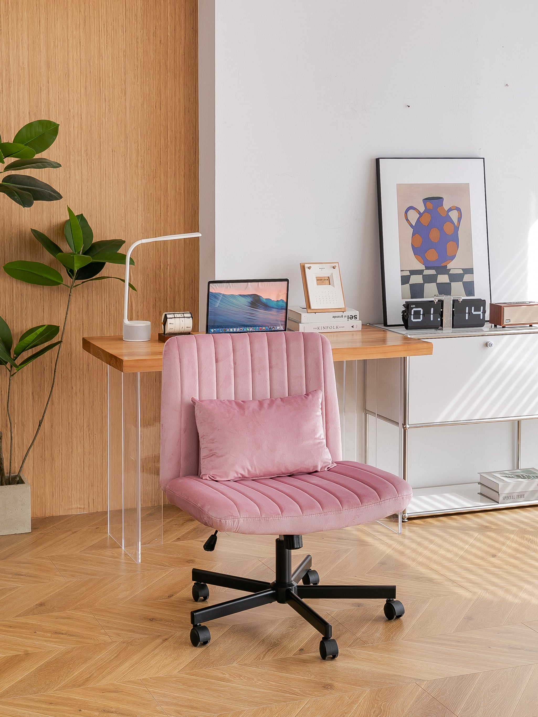 Light Pink Velvet Criss Cross Armless Office Chair with Wheels - Comfortable & Stylish for Home Office, Meditation, and Makeu