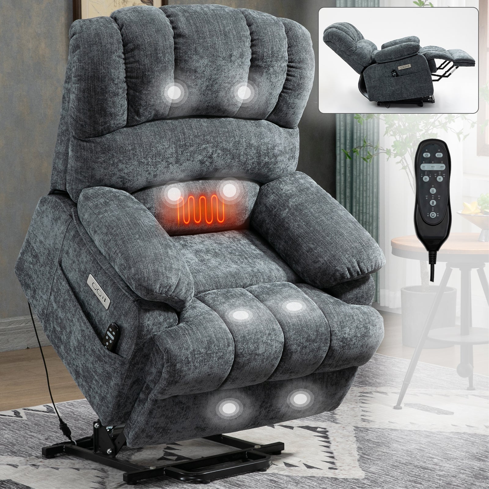 23' Seat Width and High Back Large Size Blue Grey Chenille Power Lift Recliner Chair with 8-Point Vibration Massage and Lumbar Heating - Grand Goldman Shop